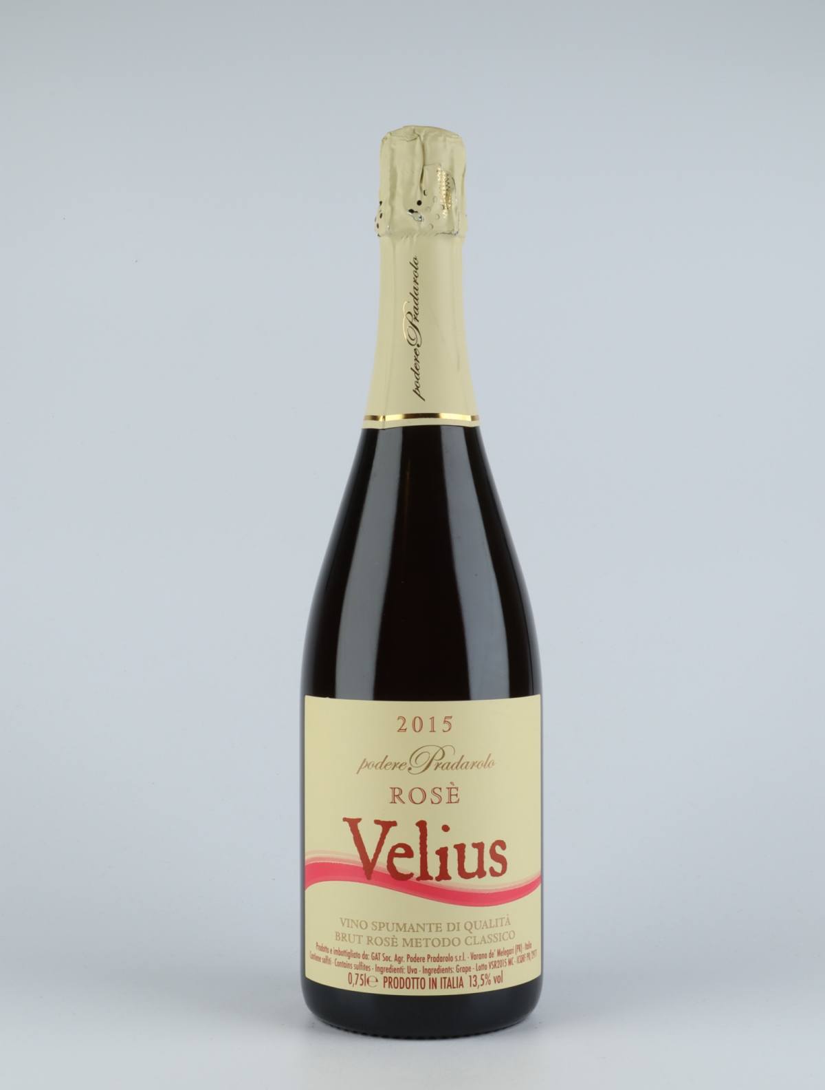 A bottle 2015 Velius Rosé Metodo Classico Sparkling from Podere Pradarolo, Emilia-Romagna in Italy