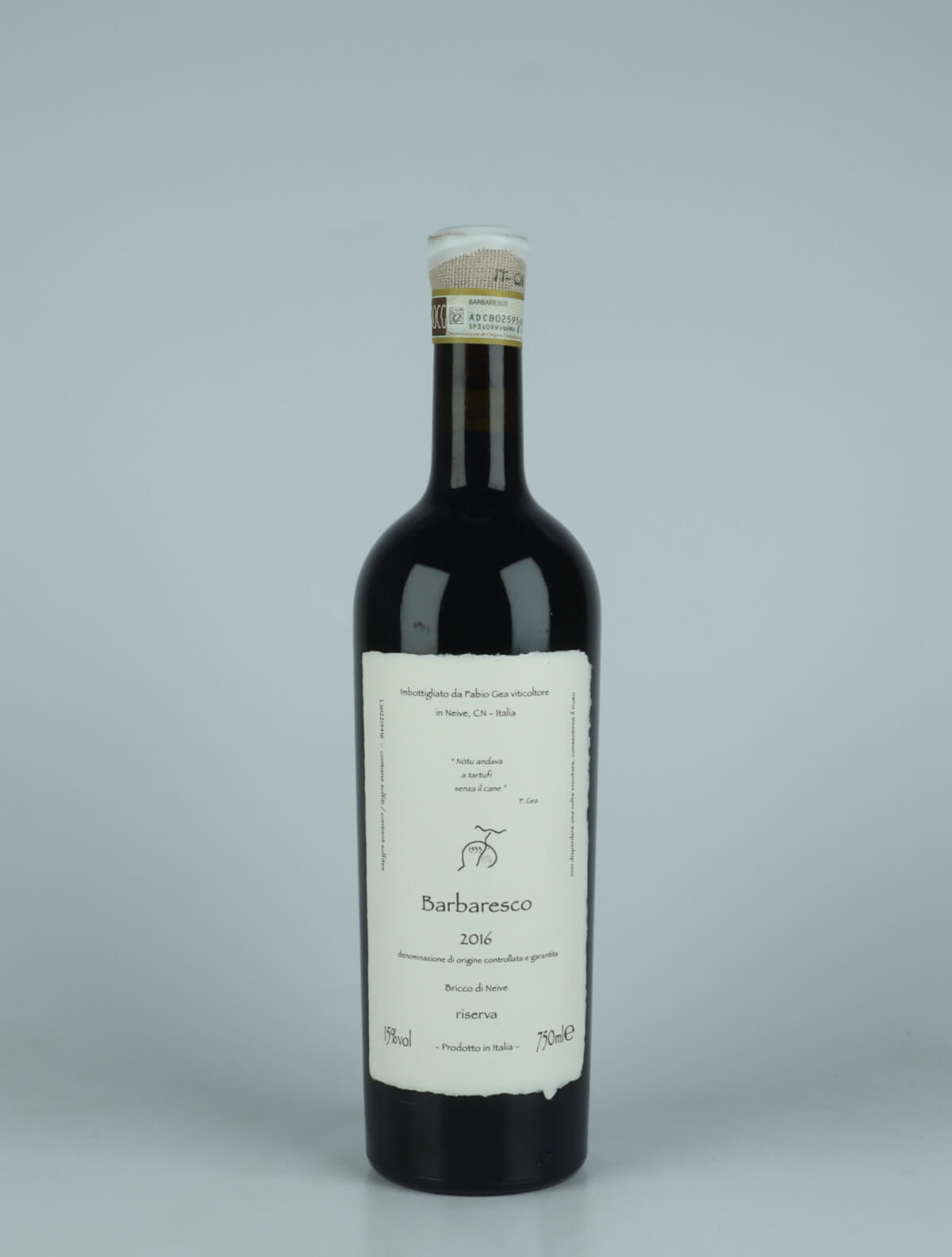 A bottle 2016 Barbaresco Riserva (Nòtu andava a tartufi senza il cane) Red wine from Fabio Gea, Piedmont in Italy