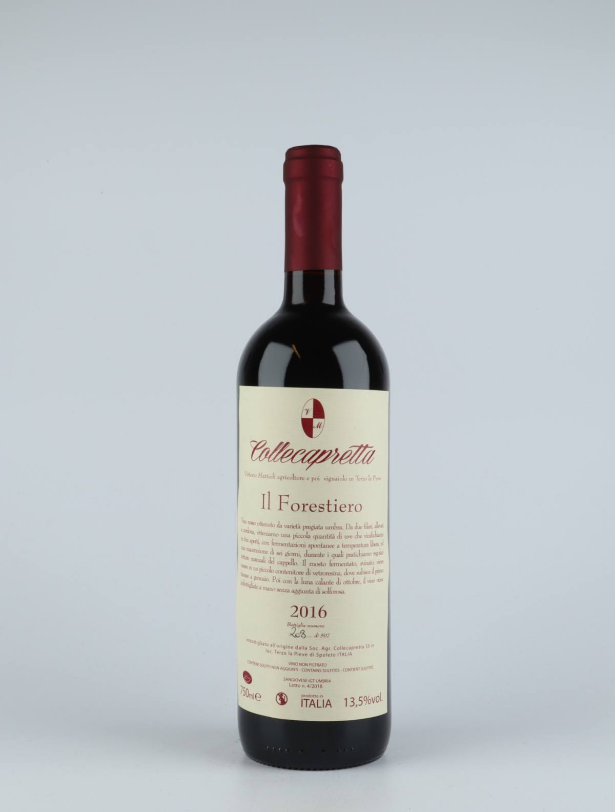 A bottle 2016 Forestiero Red wine from Collecapretta, Umbria in Italy