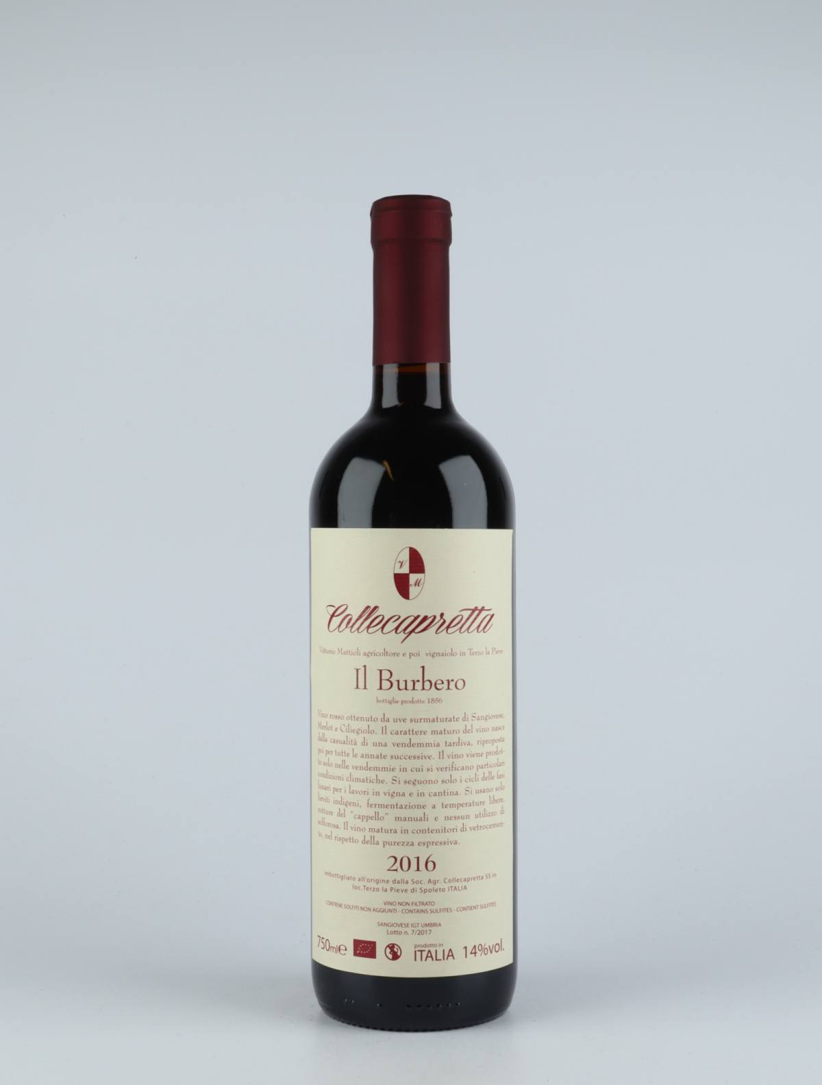 A bottle 2016 Il Burbero Red wine from Collecapretta, Umbria in Italy