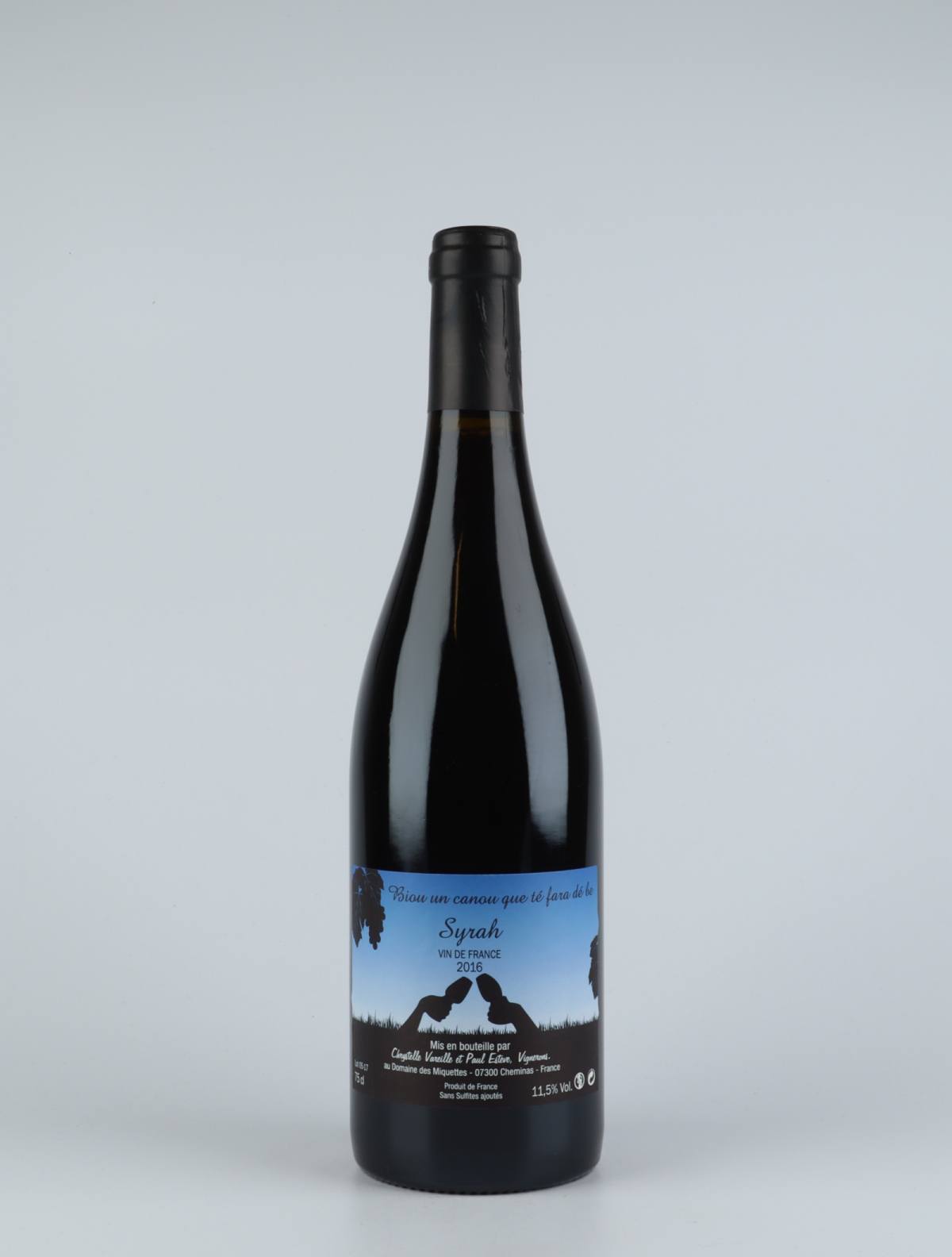 A bottle 2016 Syrah Red wine from Domaine des Miquettes, Rhône in France