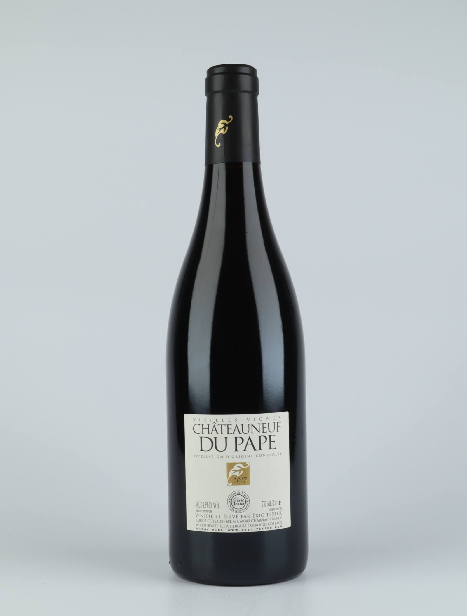 A bottle 2017 Châteauneuf-du-pape V.V. Red wine from Eric Texier, Rhône in France