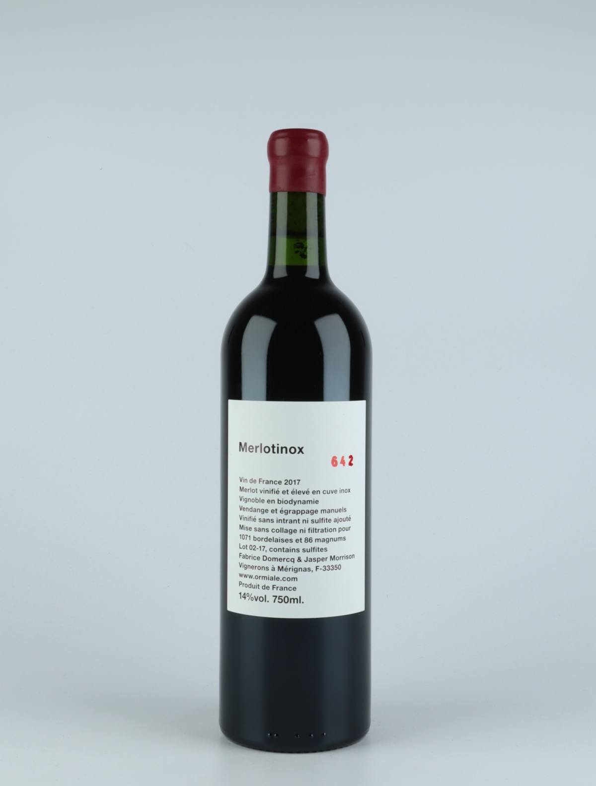 A bottle 2017 Merlotinox Red wine from Ormiale, Bordeaux in France