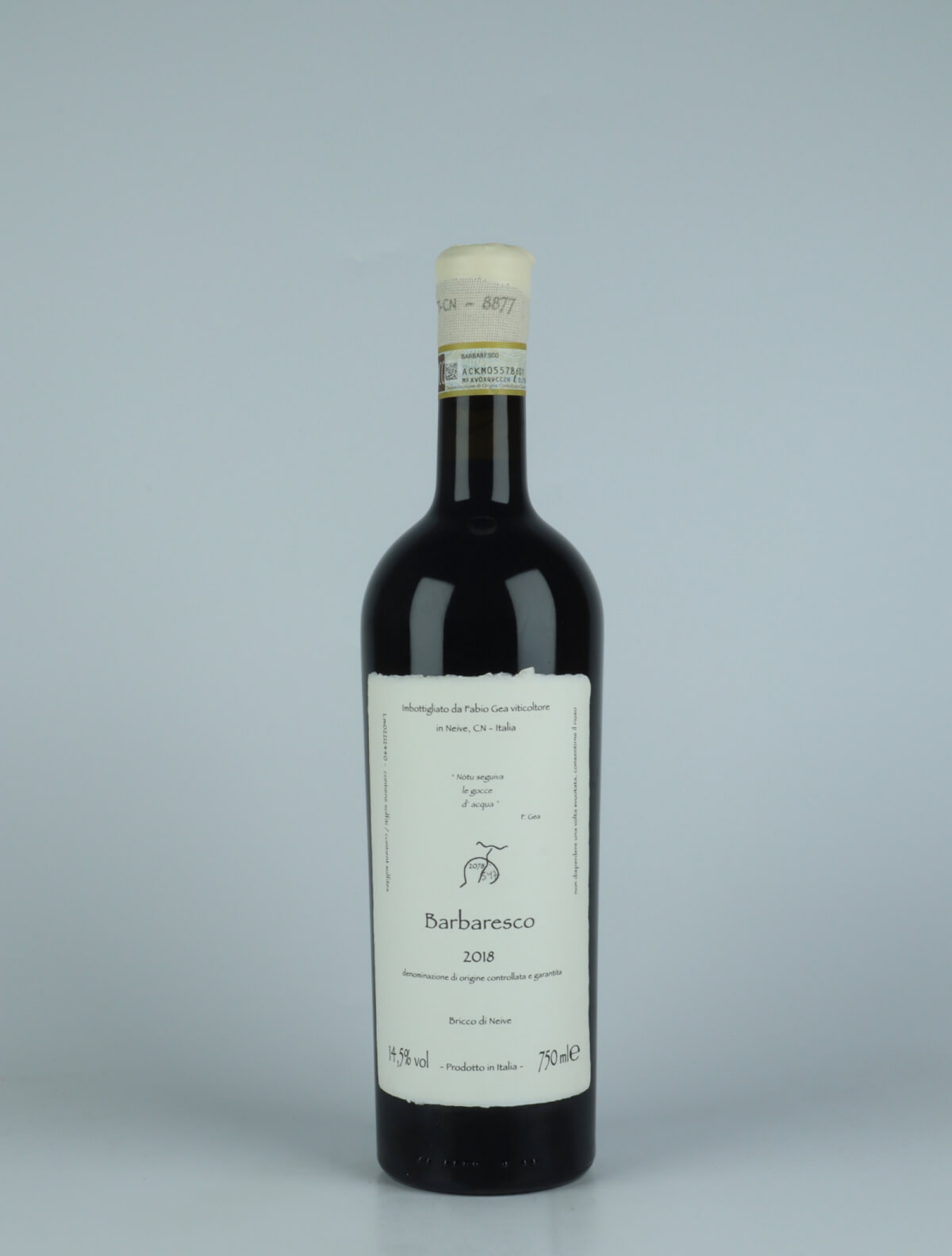 A bottle 2018 Barbaresco (Nòtu seguiva le gocce d'acqua) Red wine from Fabio Gea, Piedmont in Italy