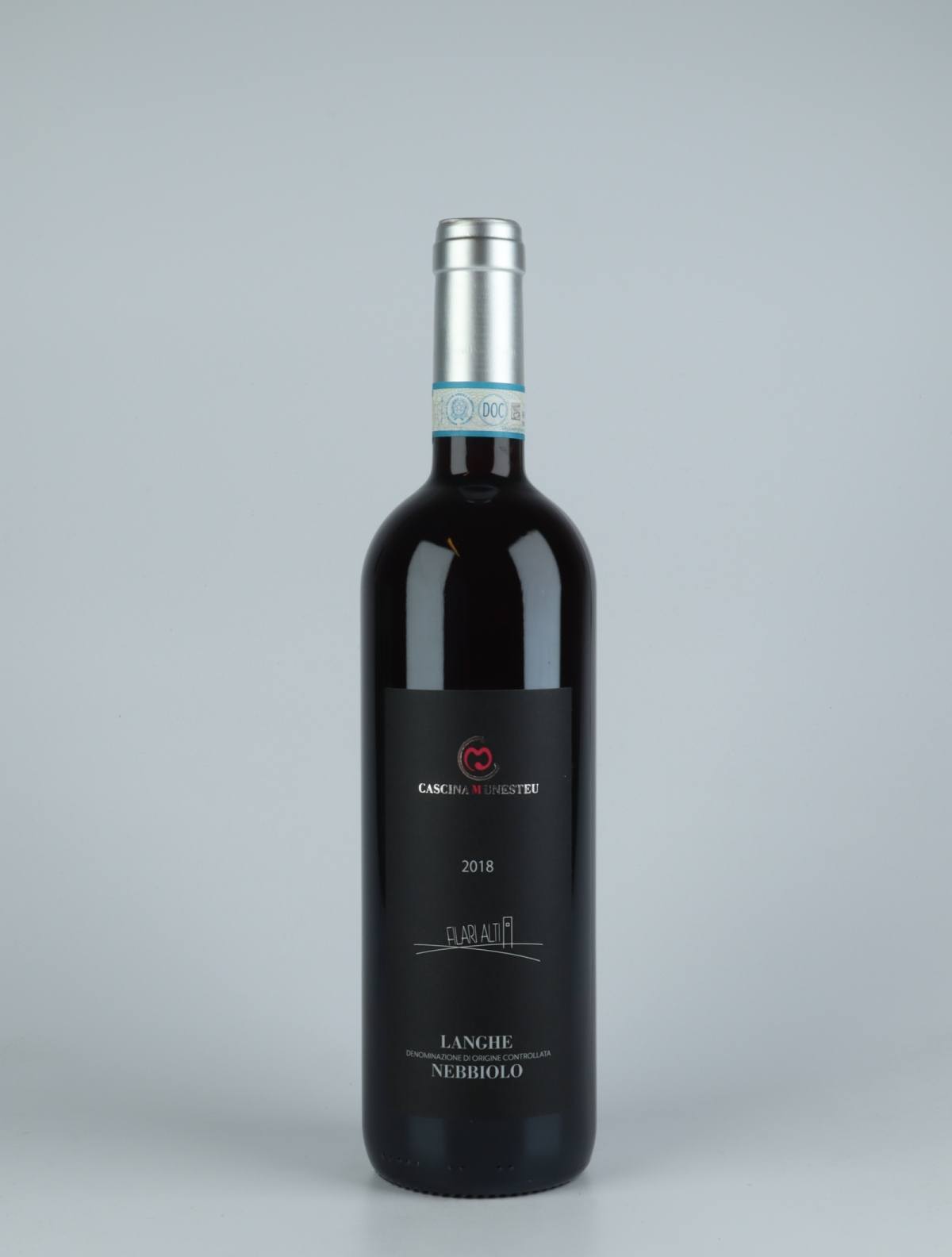 A bottle 2018 Langhe Nebbiolo - Filari Alti Red wine from Cascina Munesteu, Piedmont in Italy
