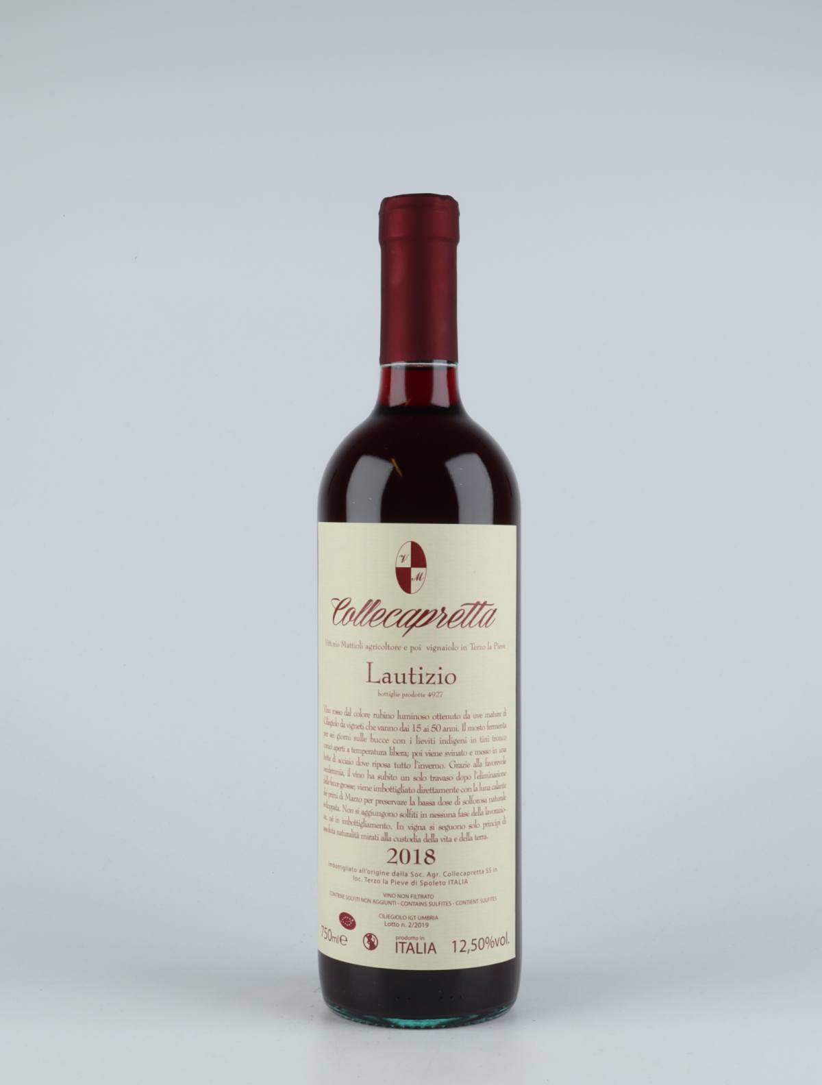 A bottle 2018 Lautizio Red wine from Collecapretta, Umbria in Italy