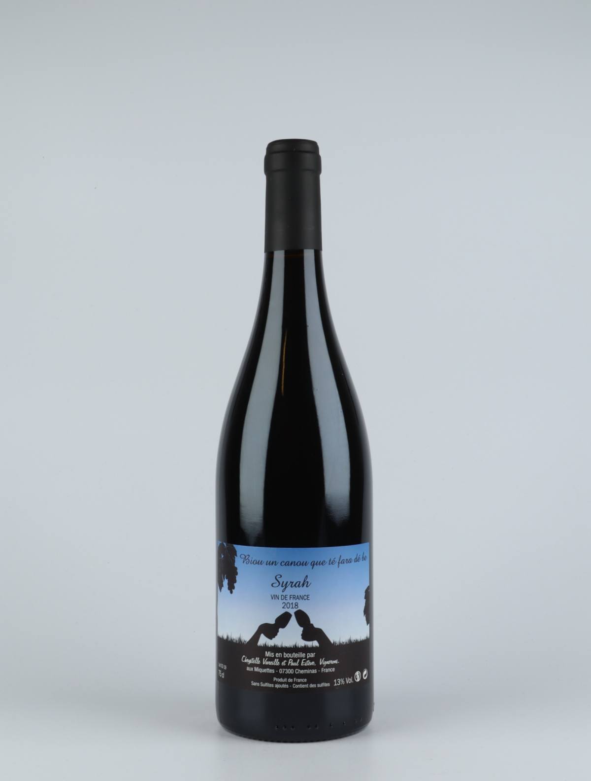 A bottle 2018 Syrah Red wine from Domaine des Miquettes, Rhône in France