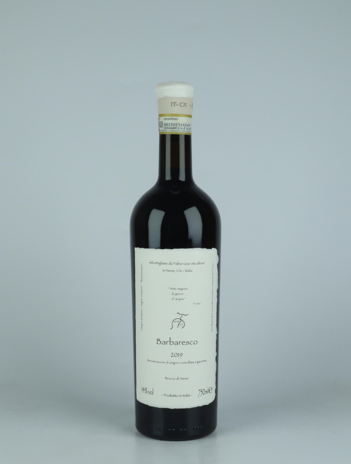 A bottle 2019 Barbaresco (Nòtu seguiva le gocce d'acqua) Red wine from Fabio Gea, Piedmont in Italy