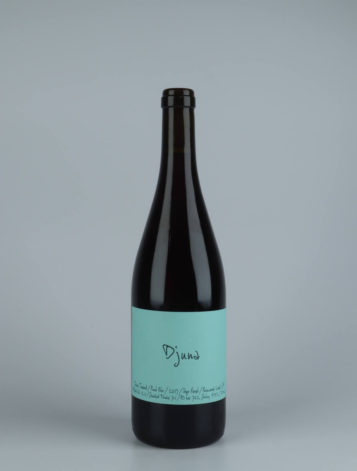 A bottle 2019 Djuna Pinot Noir Red wine from Travis Tausend, Adelaide Hills in Australia