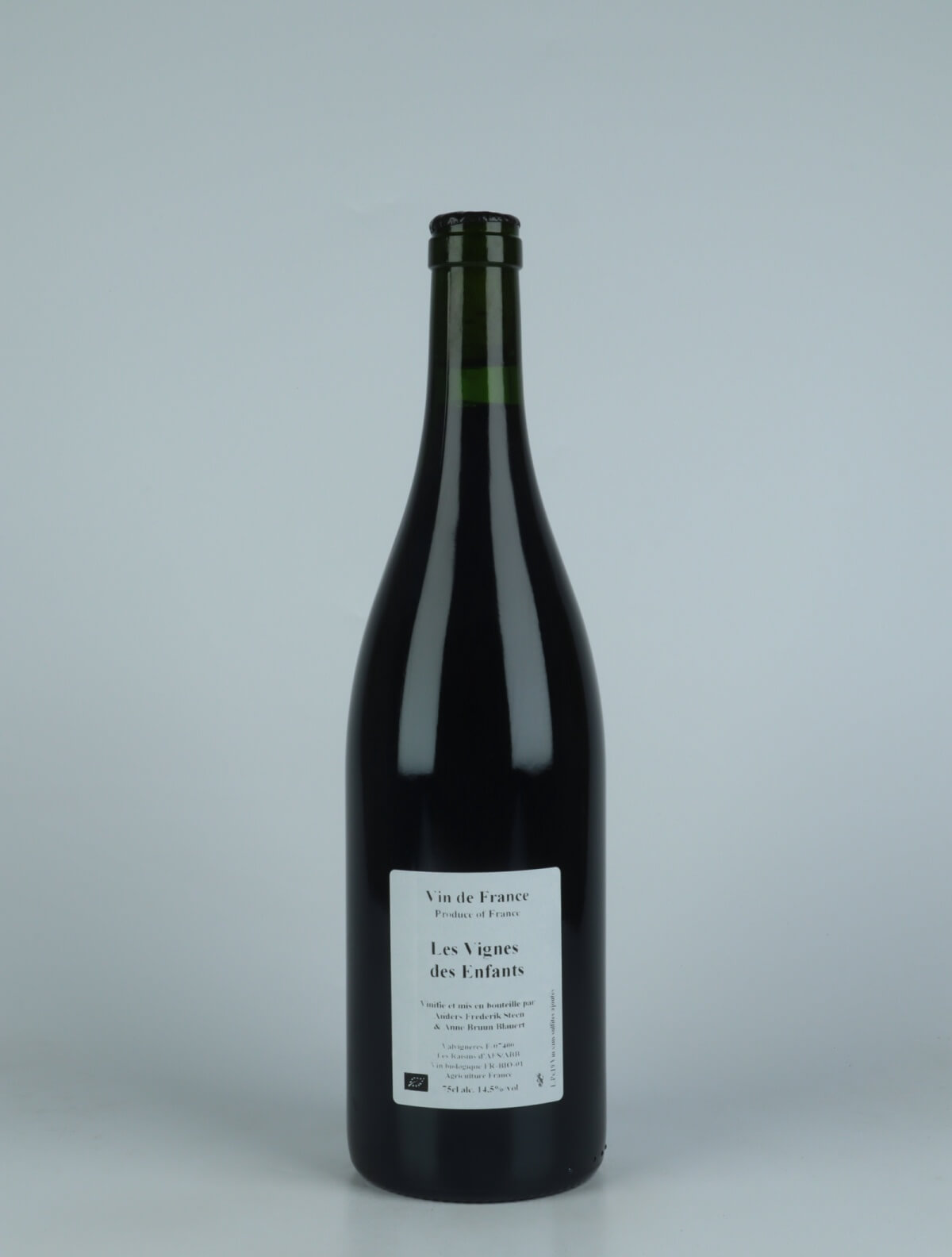 A bottle 2019 Les Vignes des Enfants Red wine from Anders Frederik Steen & Anne Bruun Blauert, Ardèche in France