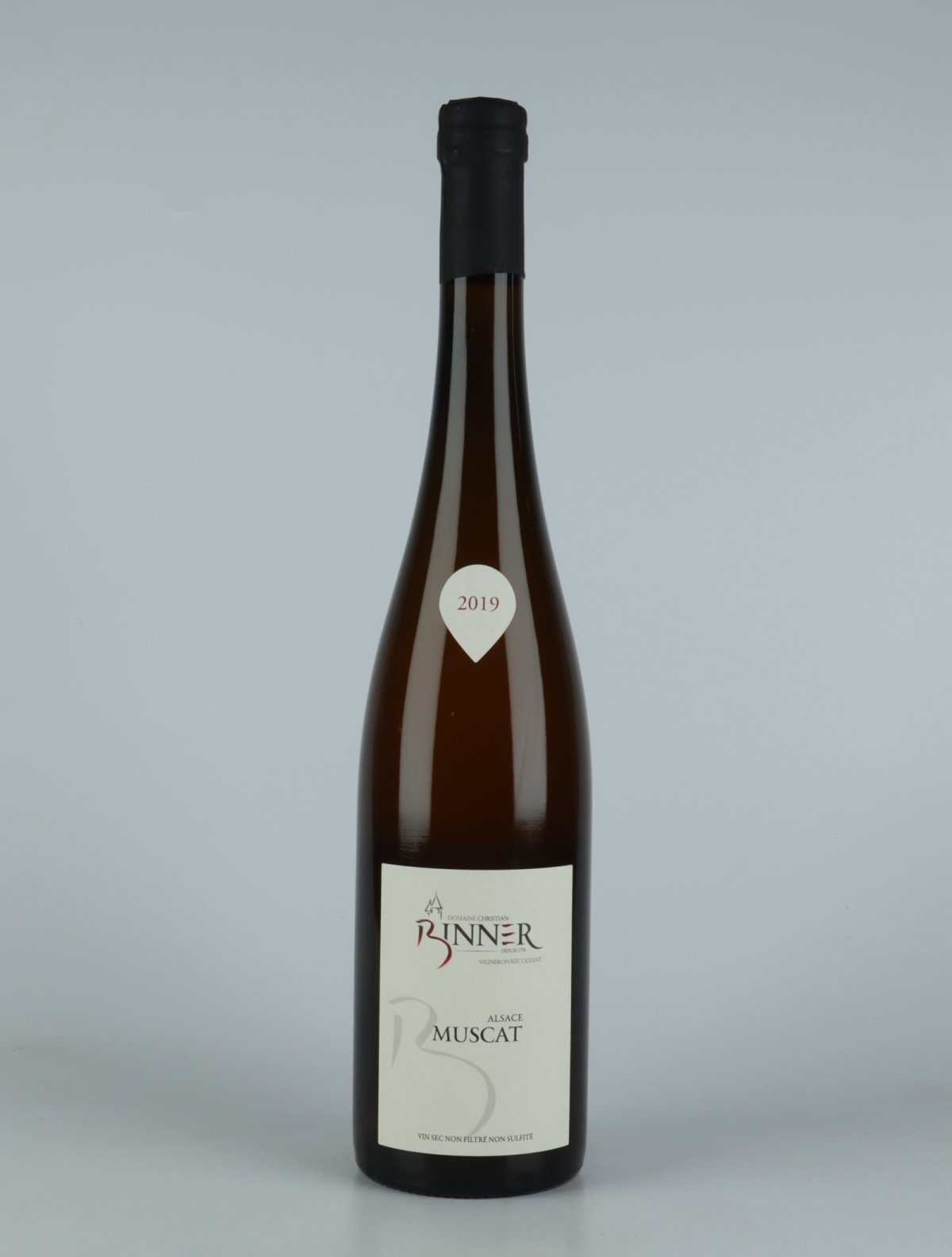 En flaske 2019 Muscat Hvidvin fra Domaine Christian Binner, Alsace i Frankrig