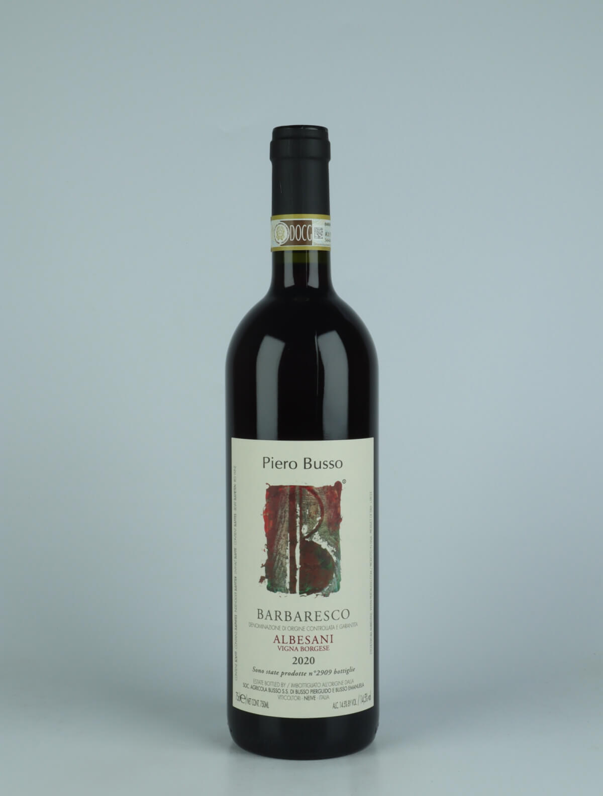 A bottle 2020 Barbaresco Albesani Vigna Borgese Red wine from Piero Busso, Piedmont in Italy