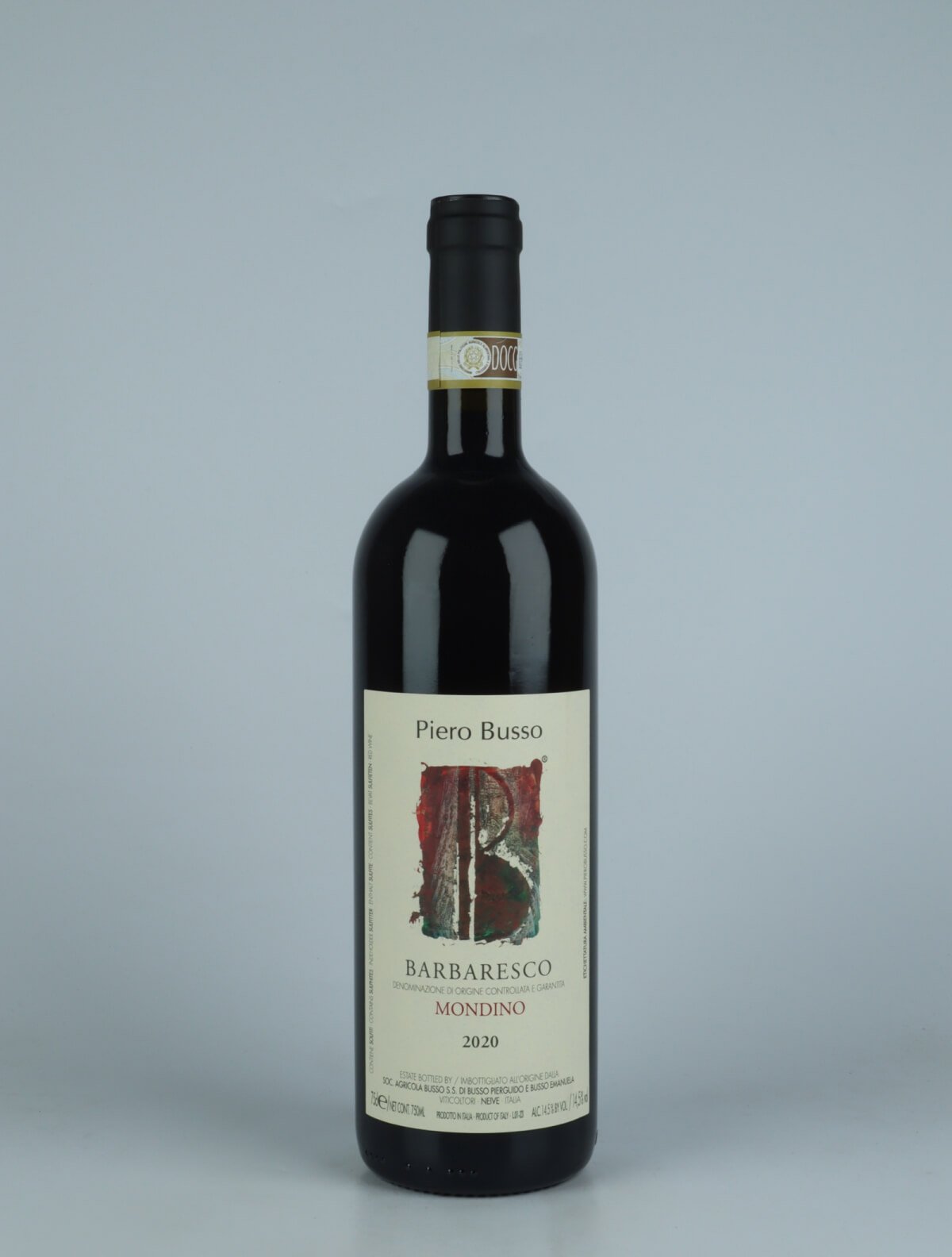 A bottle 2020 Barbaresco Mondino Red wine from Piero Busso, Piedmont in Italy