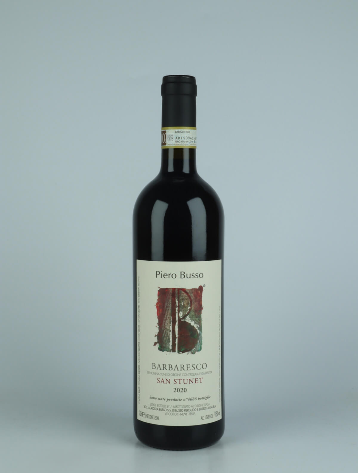 En flaske 2020 Barbaresco San Stunet Rødvin fra Piero Busso, Piemonte i Italien
