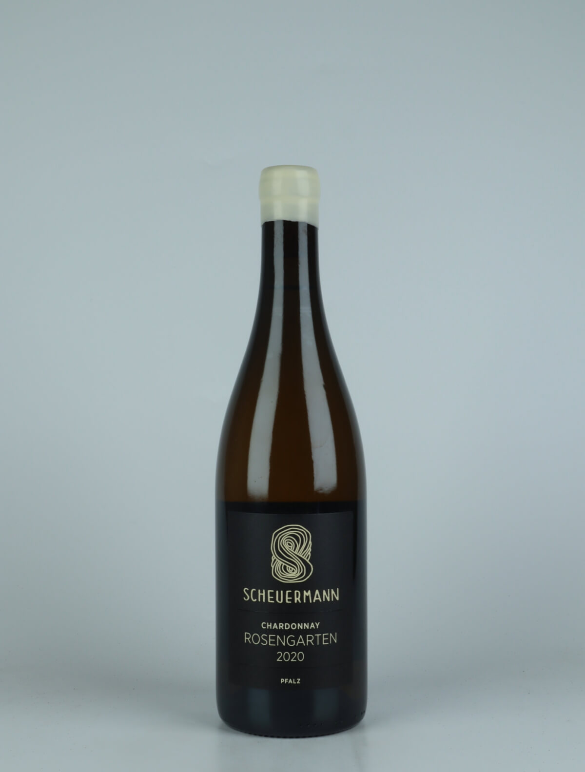 En flaske 2020 Chardonnay Rosengarten Hvidvin fra Weingut Scheuermann, Pfalz i Tyskland
