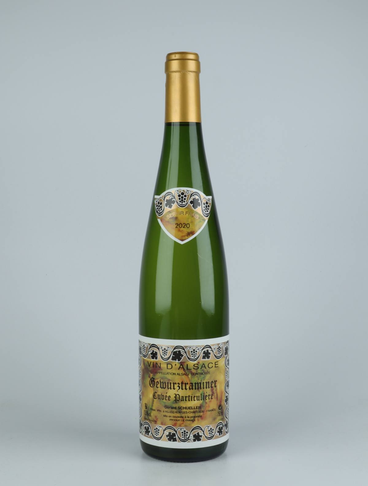 A bottle 2020 Gewürztraminer Cuvée Particulière White wine from Gérard Schueller, Alsace in France