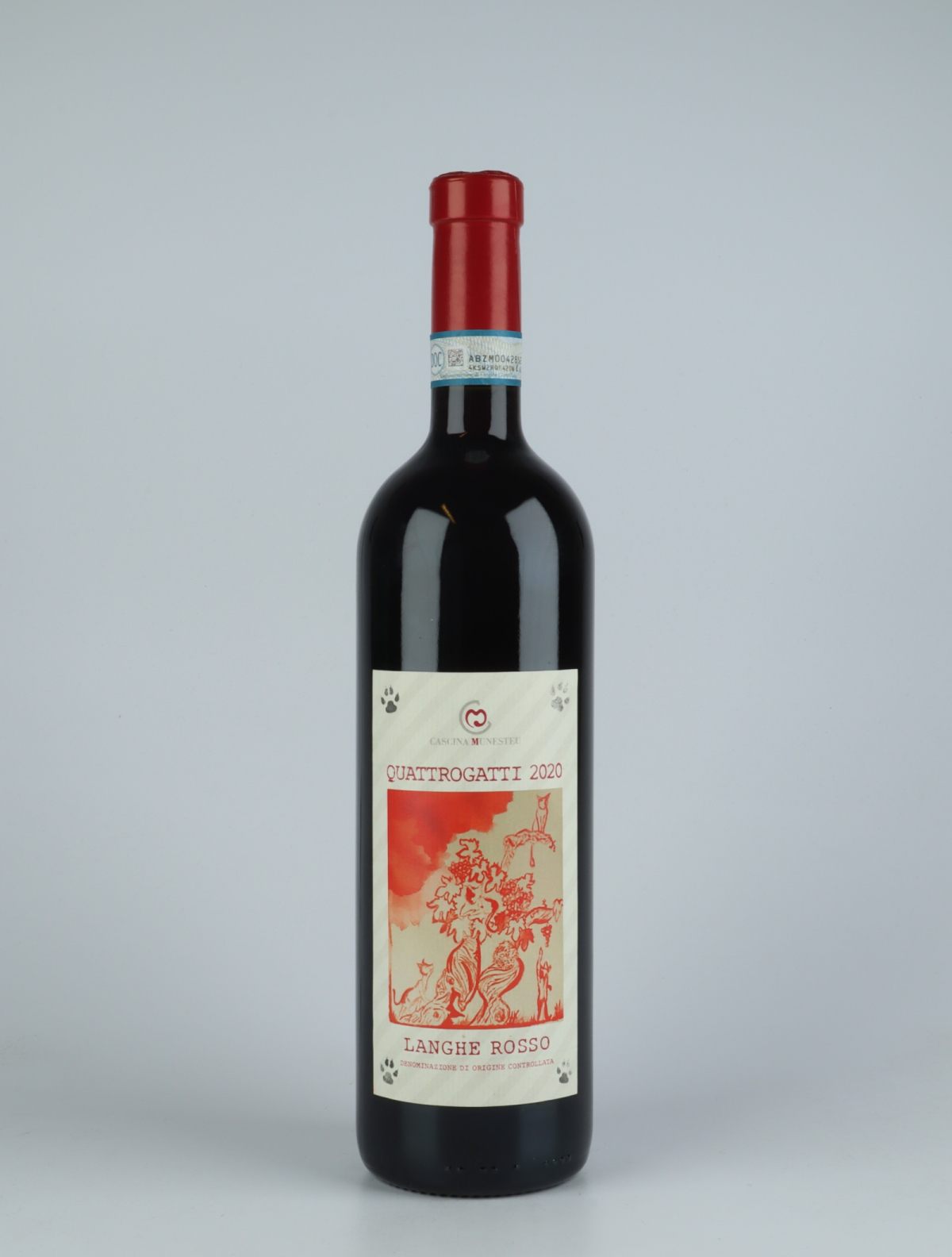 En flaske 2020 Langhe Rosso - Quattrogatti Rødvin fra Cascina Munesteu, Piemonte i Italien