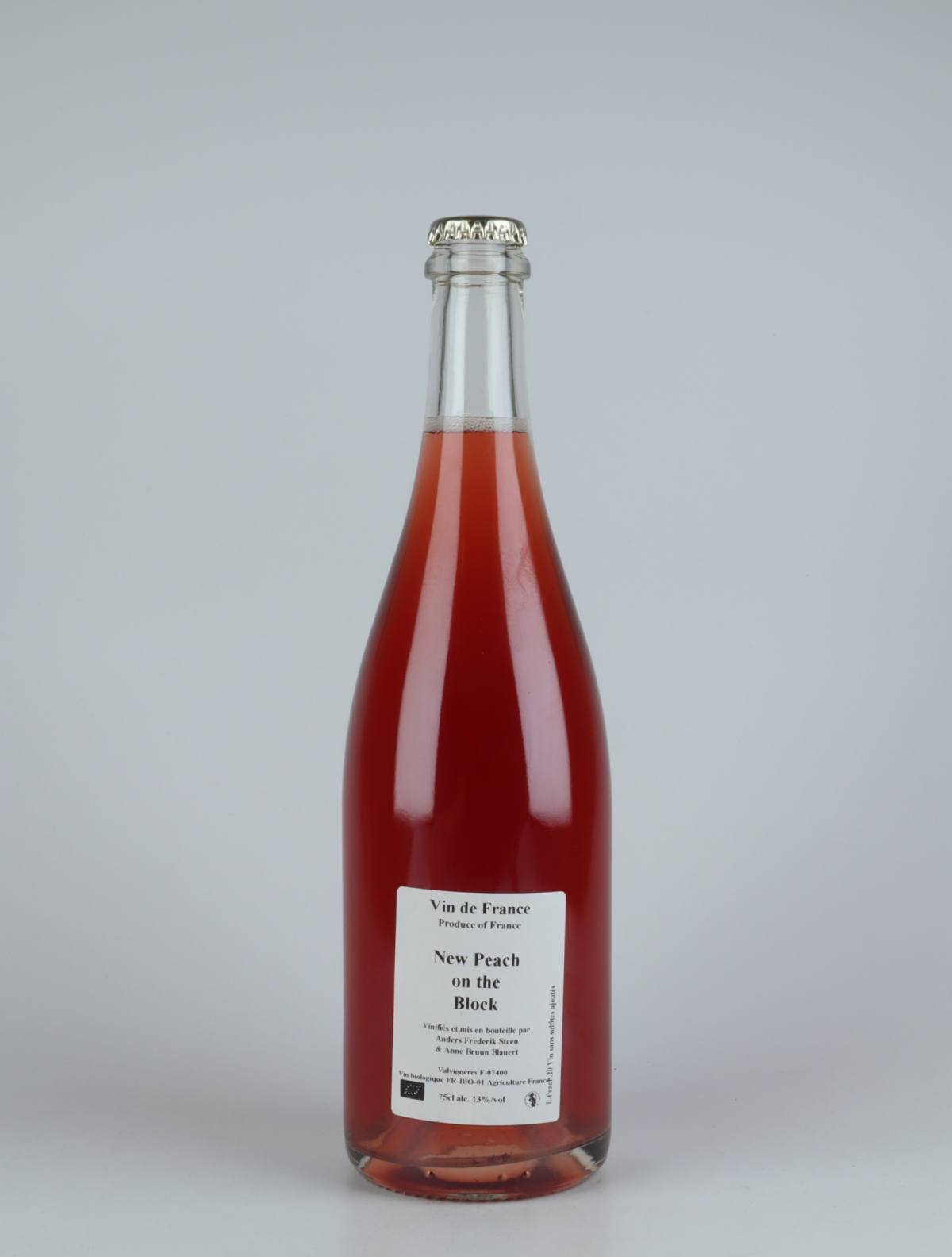 A bottle 2020 New Peach on the Block Rosé from , Ardèche in France