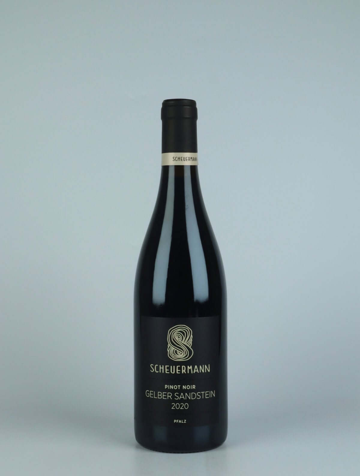 A bottle 2020 Pinot Noir - Gelber Sandstein Red wine from Weingut Scheuermann, Pfalz in Germany