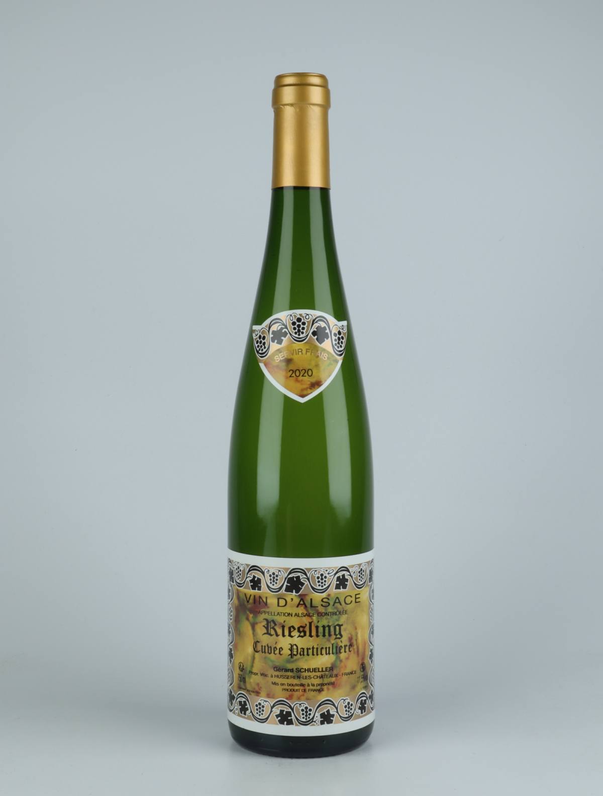 A bottle 2020 Riesling Cuvée Particulière White wine from Gérard Schueller, Alsace in France