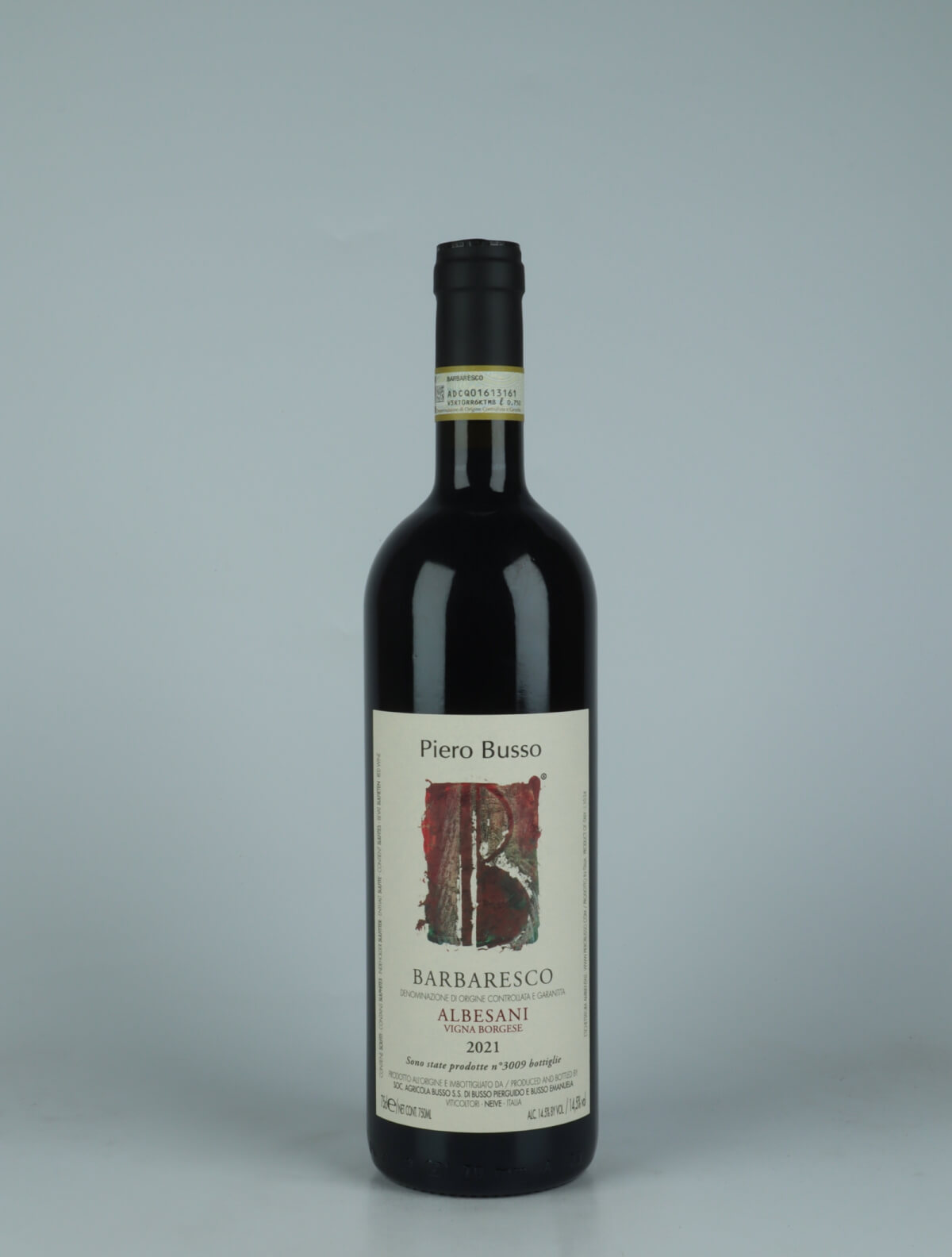 A bottle 2021 Barbaresco Albesani Vigna Borgese Red wine from Piero Busso, Piedmont in Italy