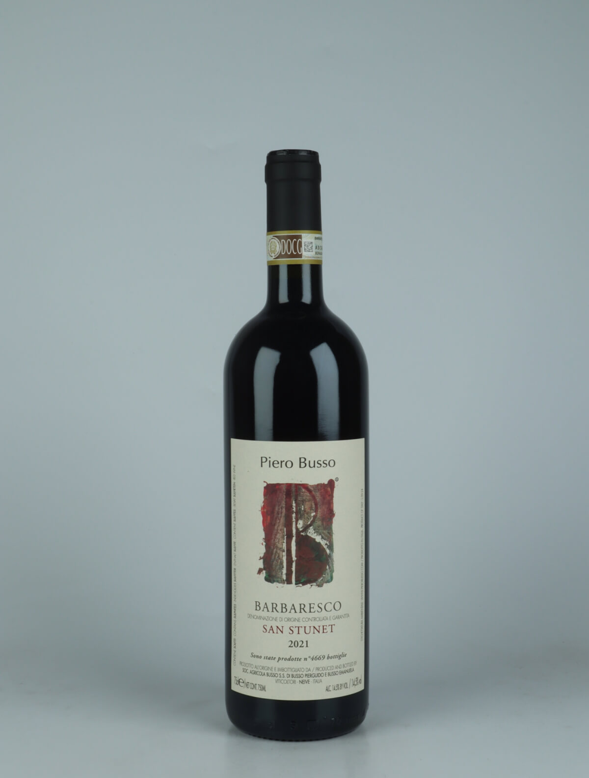 A bottle 2021 Barbaresco San Stunet Red wine from Piero Busso, Piedmont in Italy