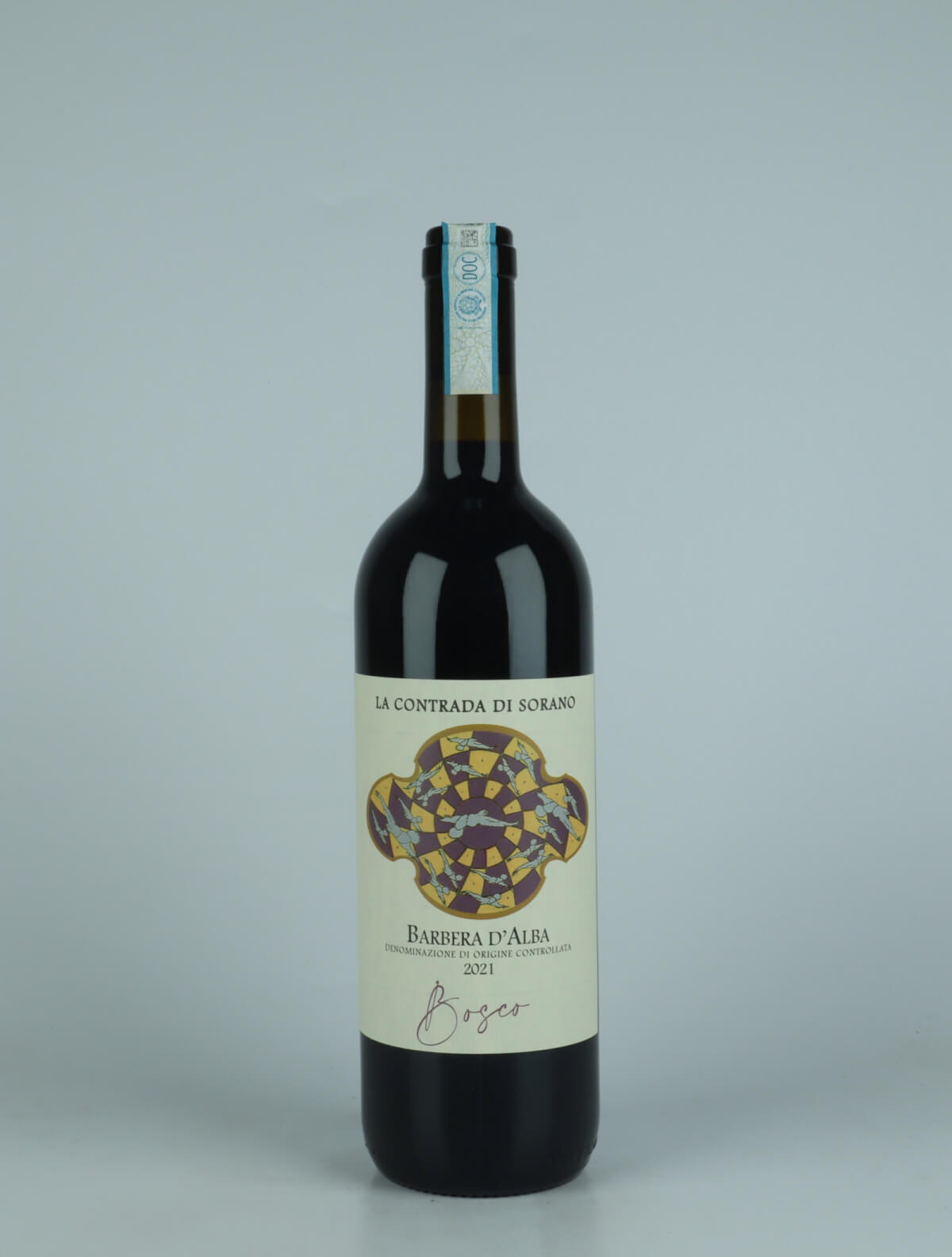 A bottle 2021 Barbera d'Alba - Bosco Red wine from La Contrada di Sorano, Piedmont in Italy