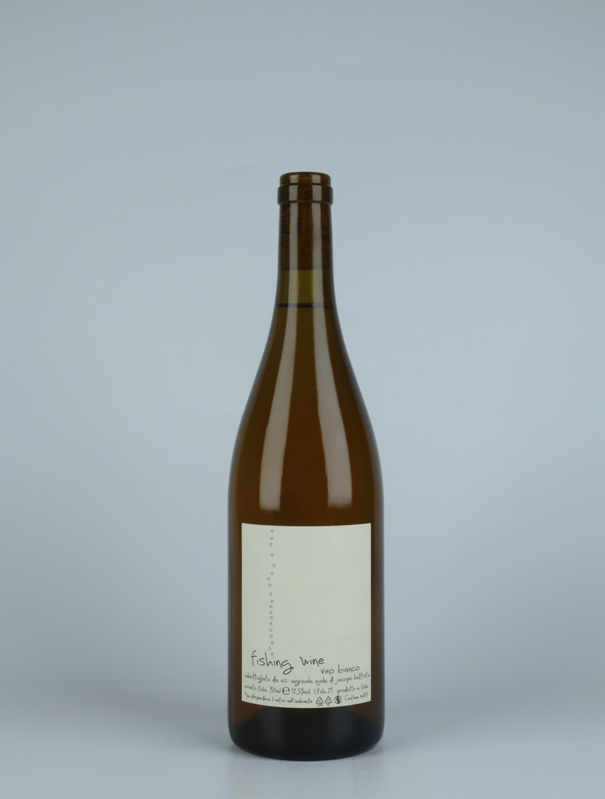 A bottle 2021 Bianco Fishing Wine White wine from Ajola, Umbria in Italy