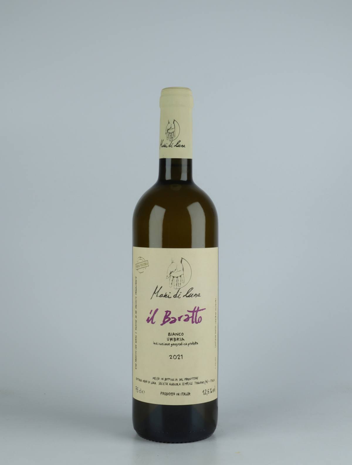 A bottle 2021 Il Baratto White wine from Mani di Luna, Umbria in Italy