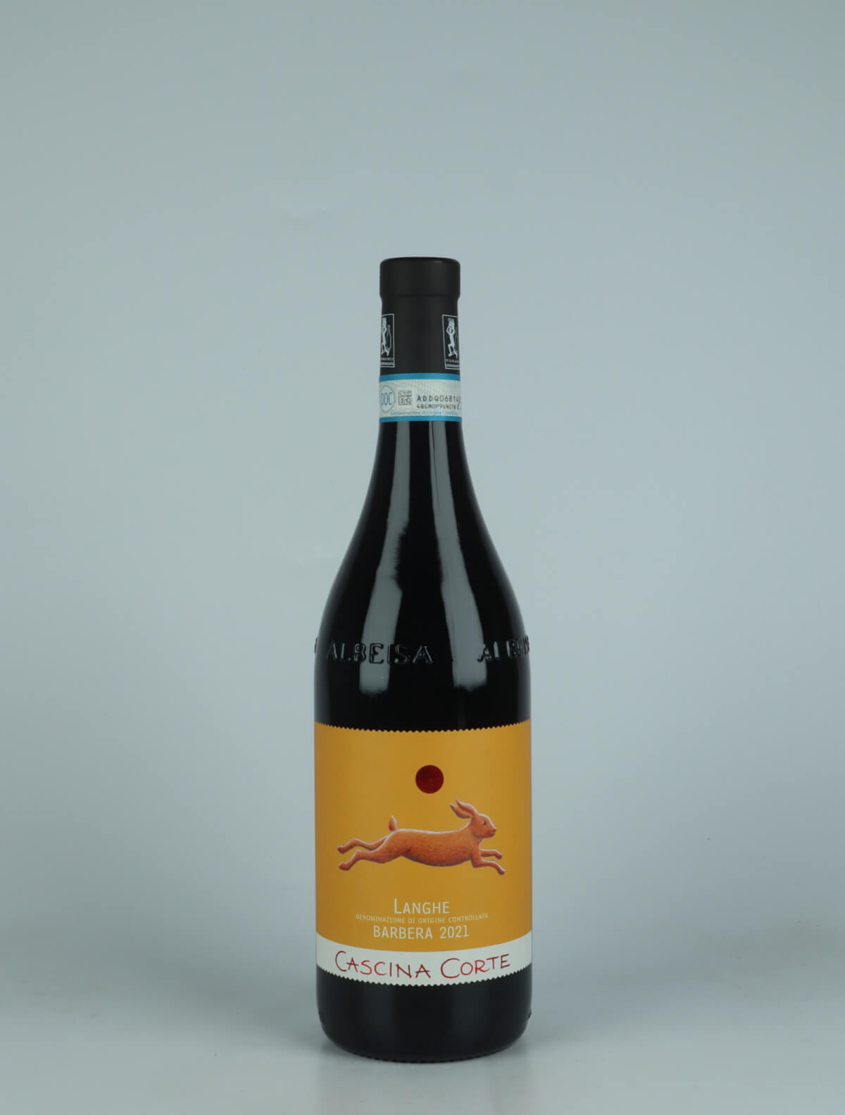 A bottle 2021 Langhe Barbera Red wine from Cascina Corte, Piedmont in Italy