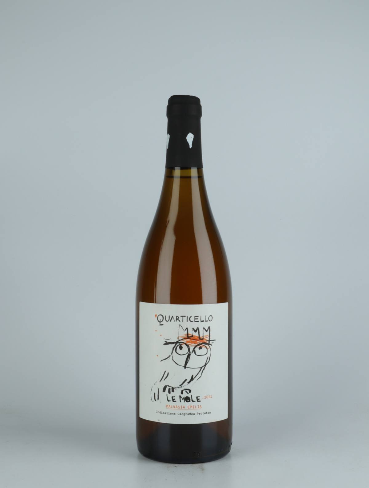 En flaske 2021 Le Mole Orange vin fra Quarticello, Emilia-Romagna i Italien