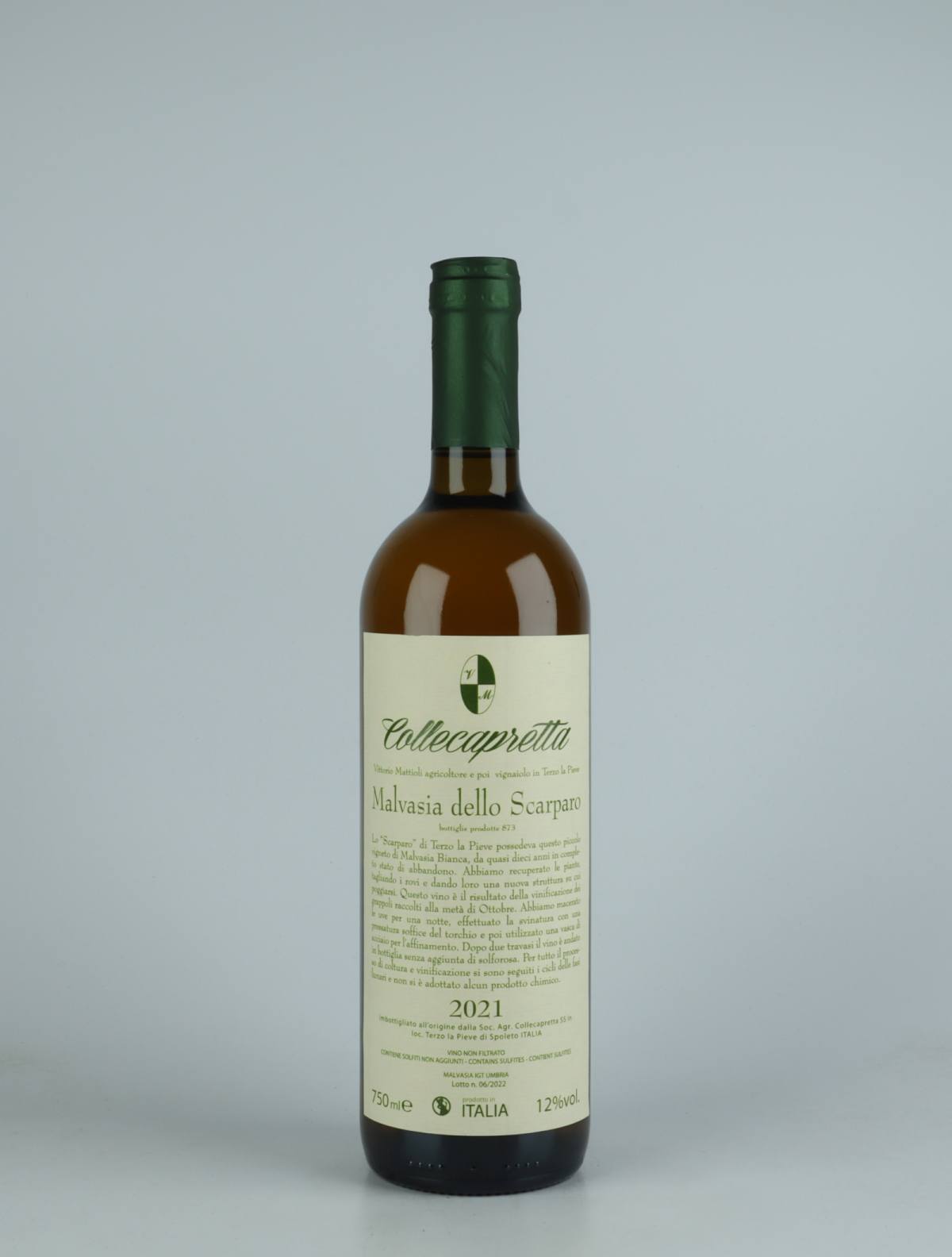 En flaske 2021 Malvasia dello Scarparo Orange vin fra Collecapretta, Umbrien i Italien