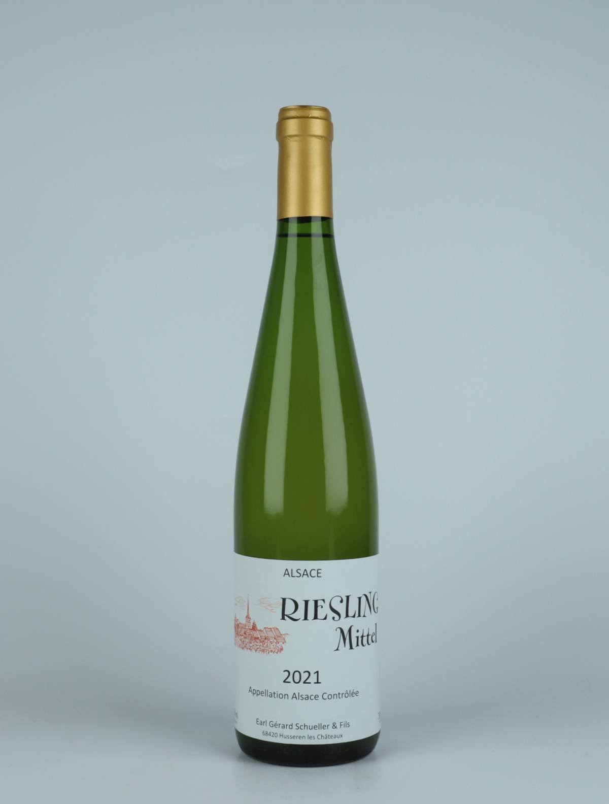 A bottle 2021 Riesling - Mittel White wine from Gérard Schueller, Alsace in France