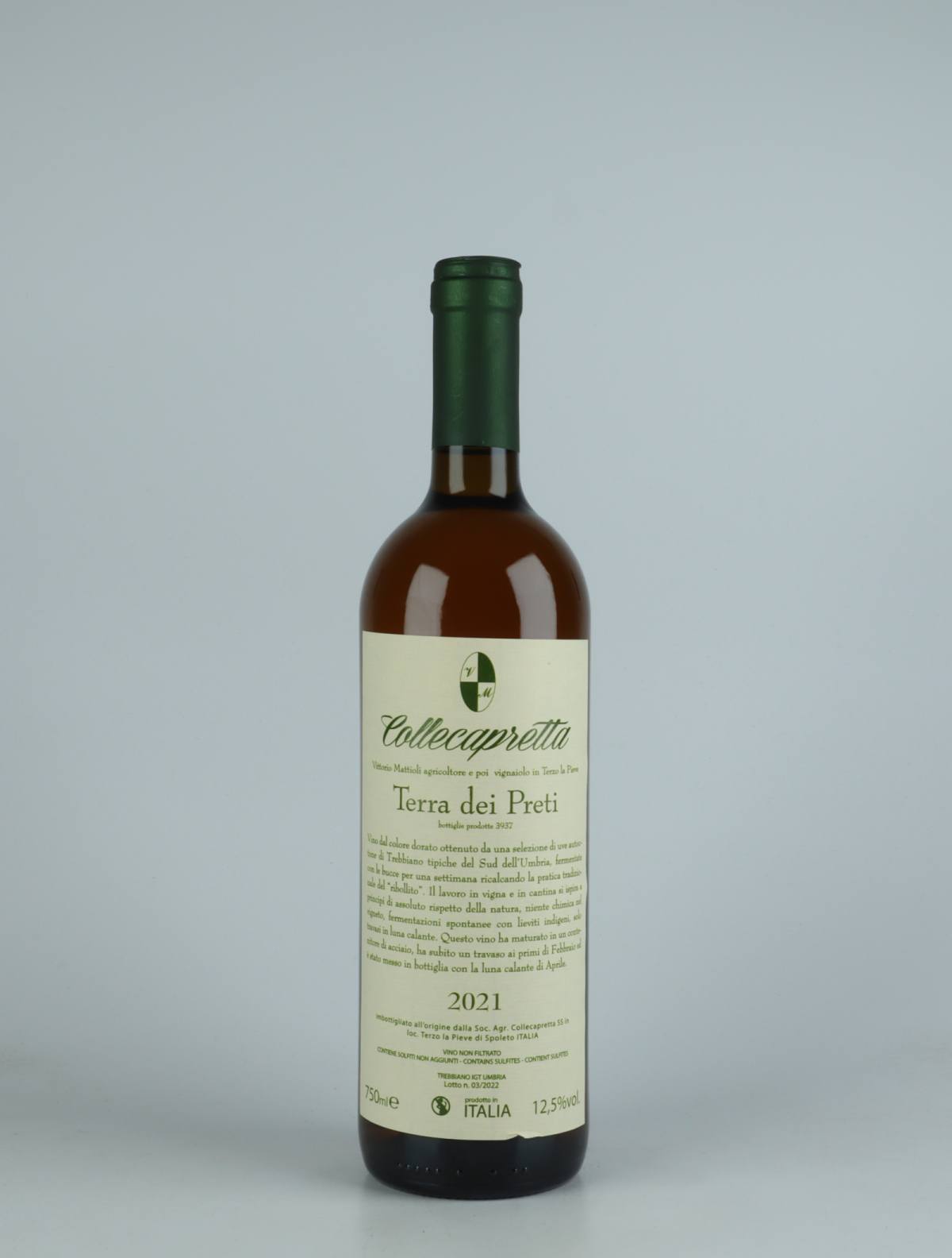 A bottle 2021 Terra dei Preti Orange wine from Collecapretta, Umbria in Italy