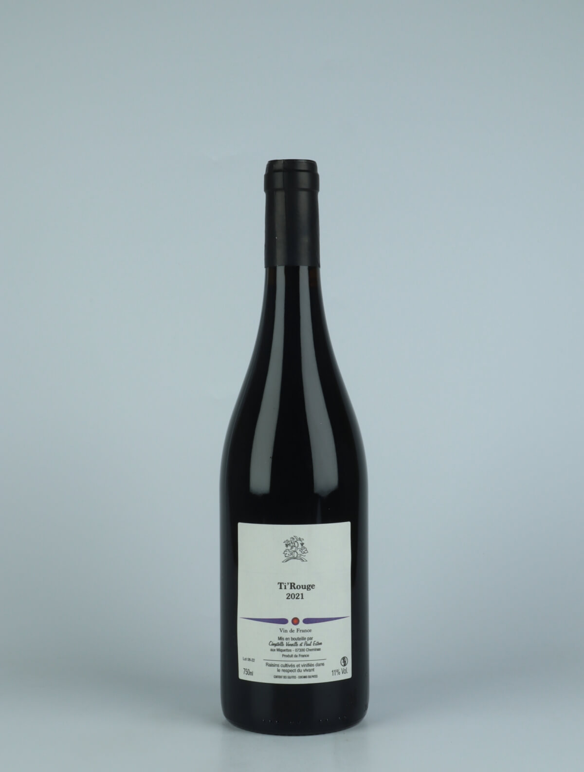 A bottle 2021 Ti'Rouge Red wine from Domaine des Miquettes, Rhône in France