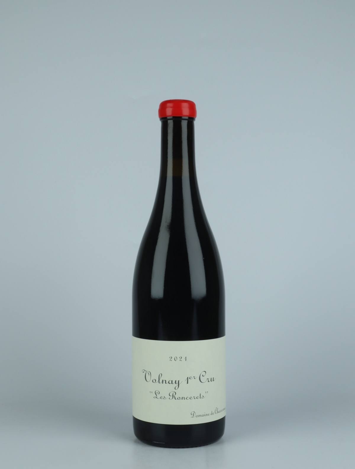A bottle 2021 Volnay 1. Cru - Les Roncerets Red wine from Domaine de Chassorney, Burgundy in France