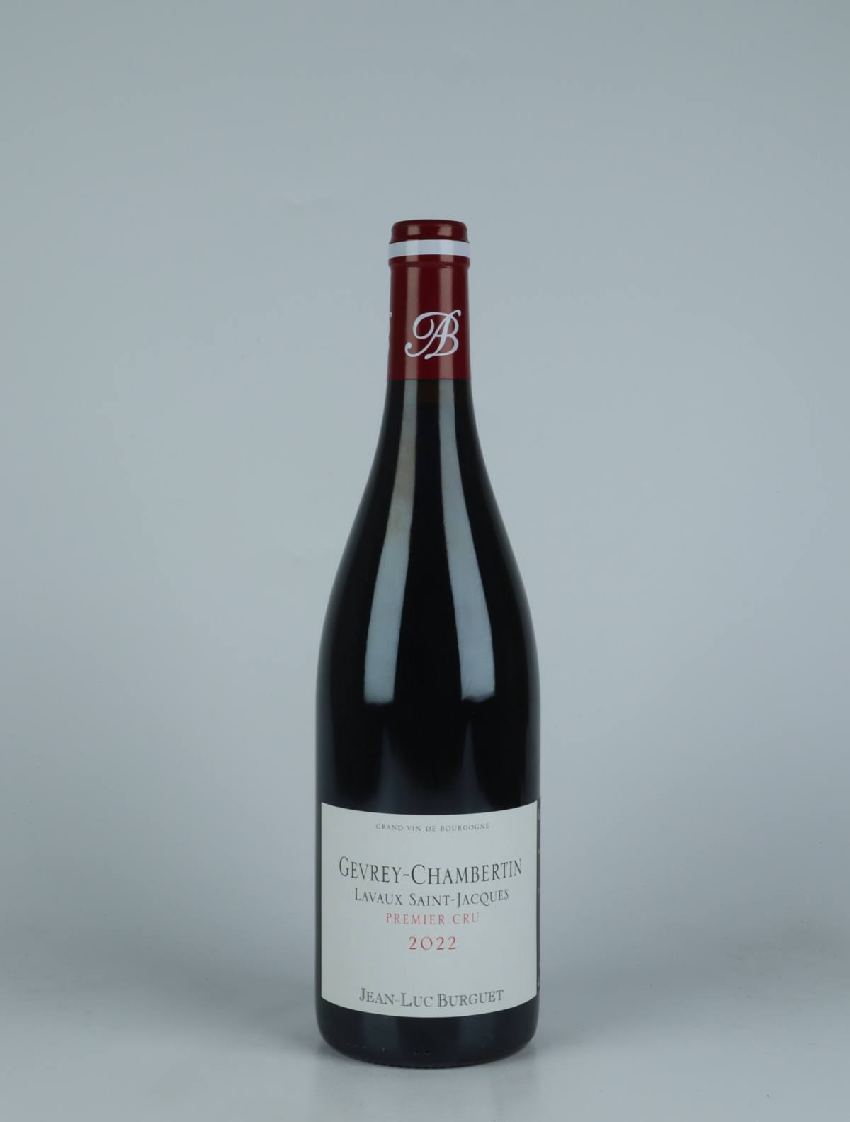 A bottle 2022 Gevrey-Chambertin 1. Cru - Lavaux Saint Jacques Red wine from Jean-Luc & Eric Burguet, Burgundy in France