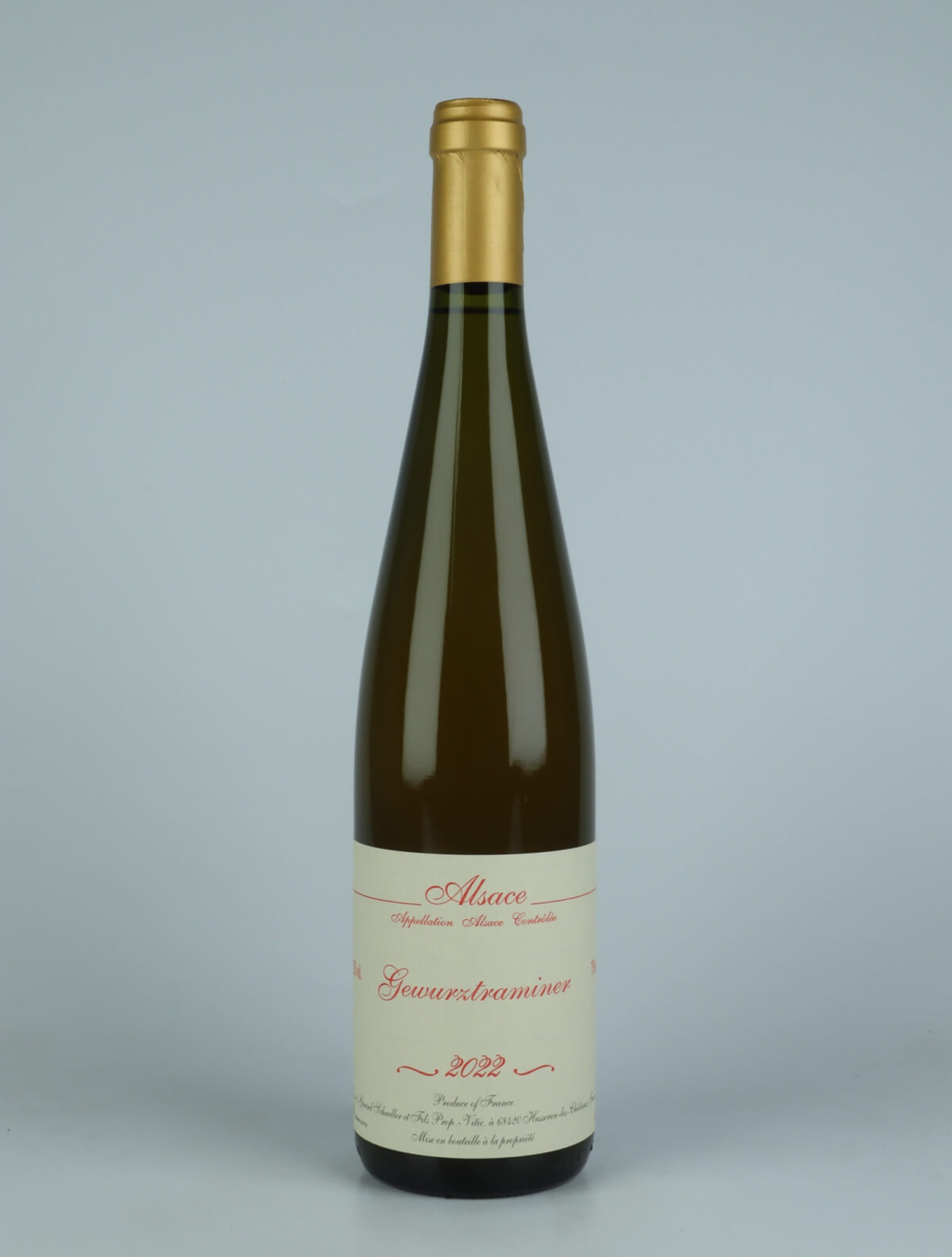 A bottle 2022 Gewürztraminer Cuvée Particulière White wine from Gérard Schueller, Alsace in France