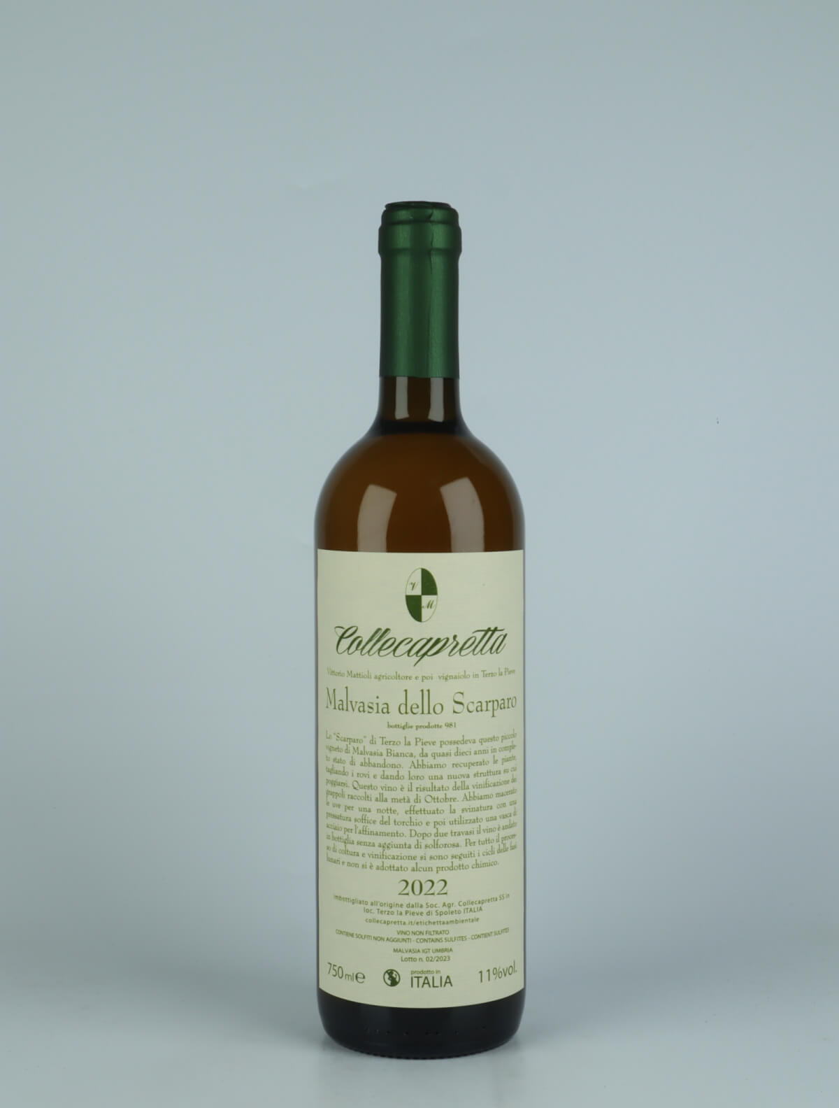 A bottle 2022 Malvasia dello Scarparo Orange wine from Collecapretta, Umbria in Italy