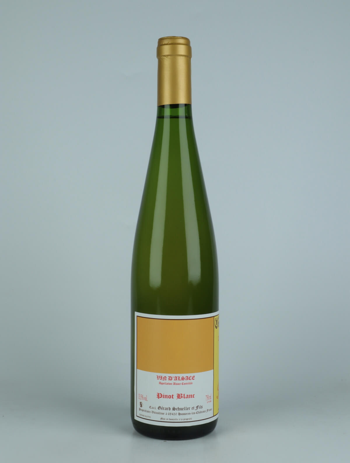 A bottle 2022 Pinot Blanc H White wine from Gérard Schueller, Alsace in France