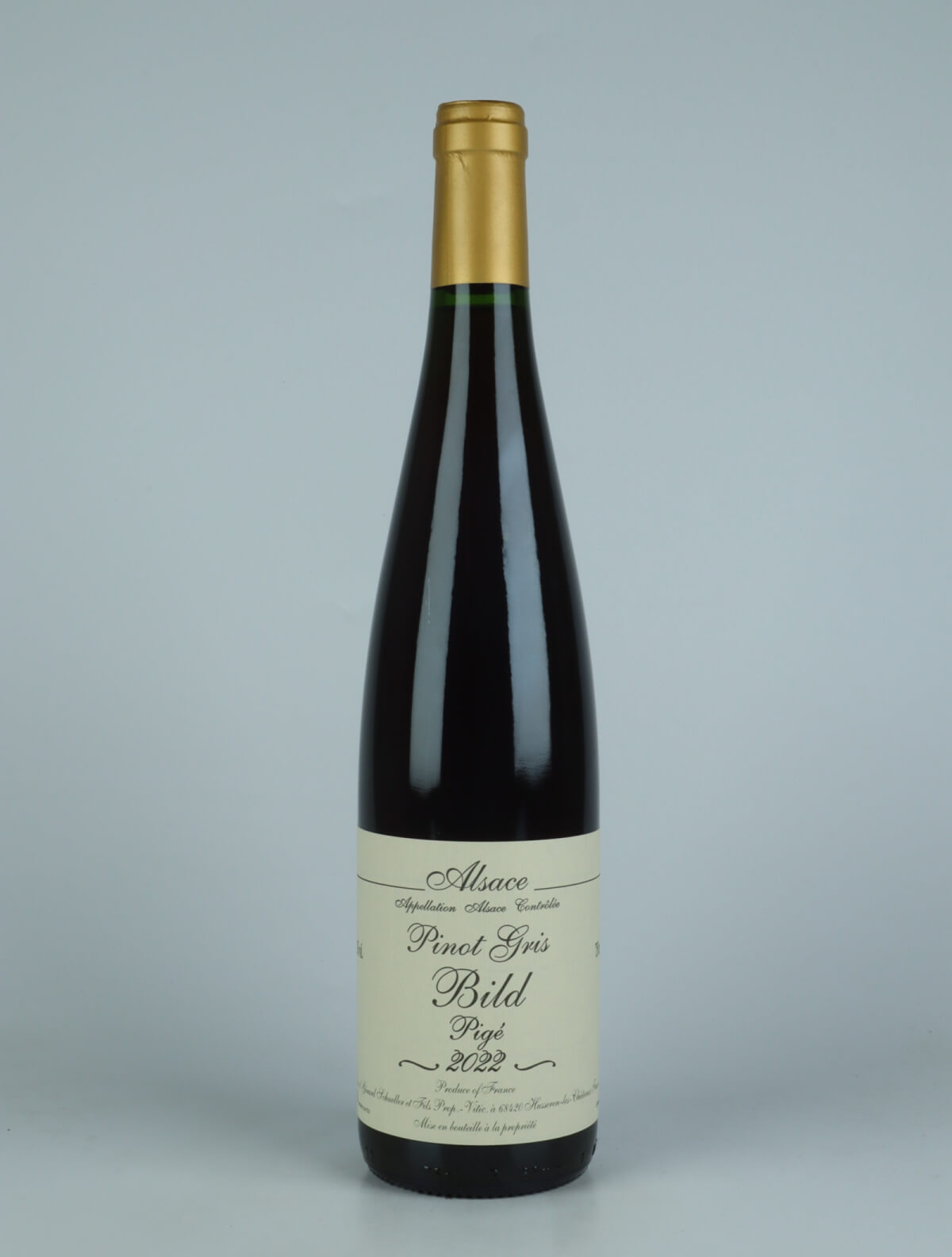 En flaske 2022 Pinot Gris Bild Pigé Orange vin fra Gérard Schueller, Alsace i Frankrig