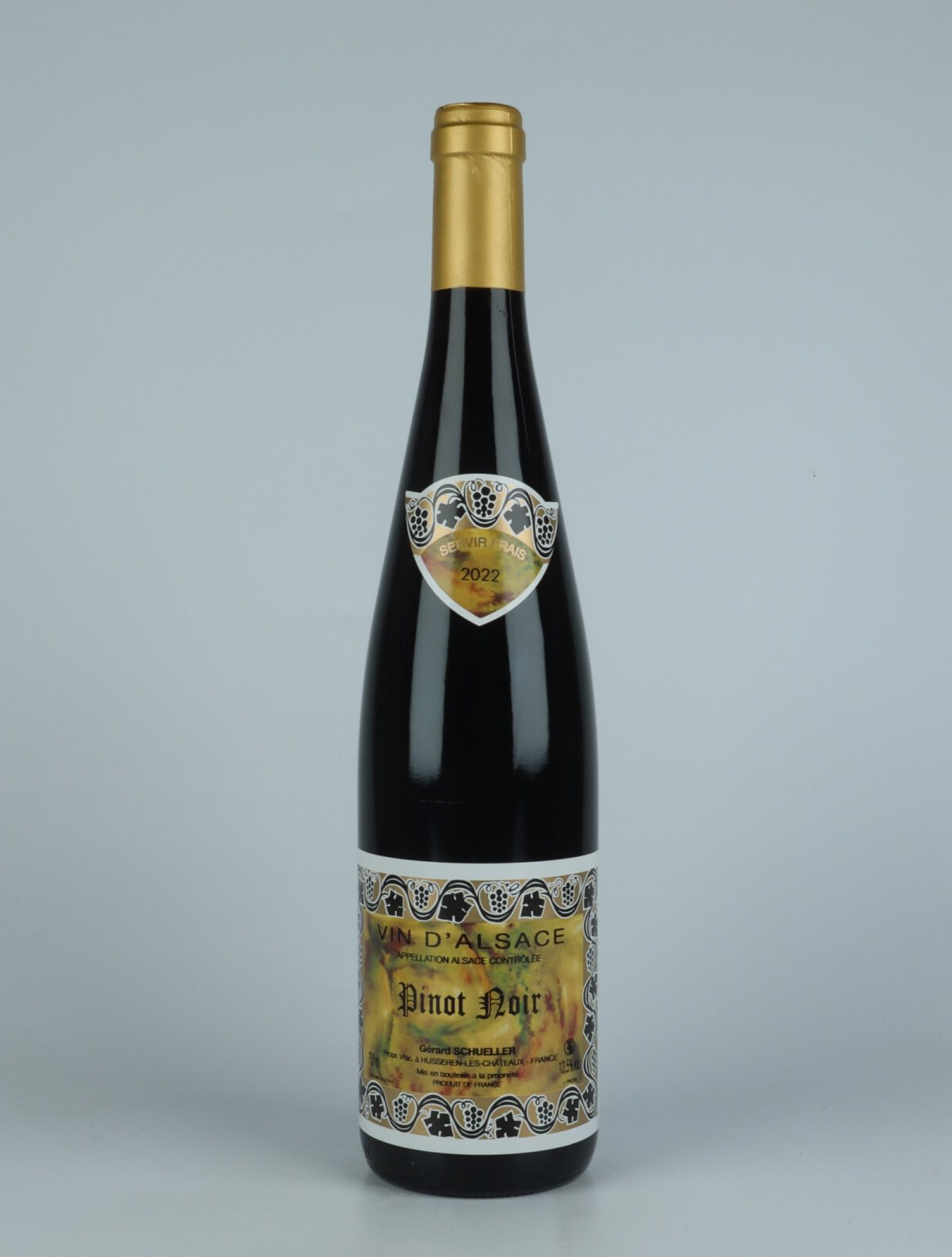 A bottle 2022 Pinot Noir Red wine from Gérard Schueller, Alsace in France