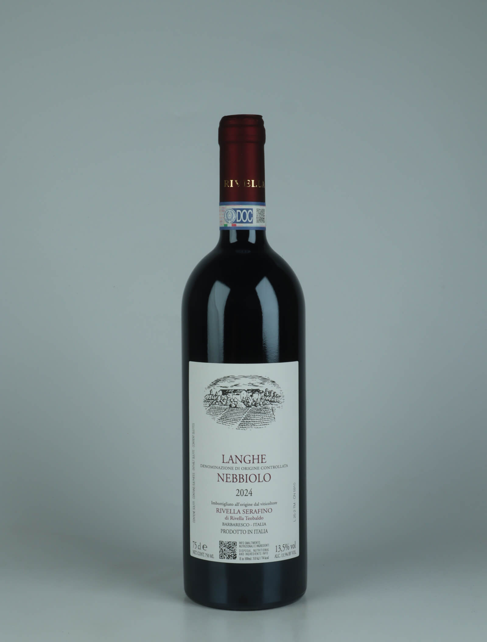 A bottle 2024 Langhe Nebbiolo Red wine from Rivella Serafino, Piedmont in Italy