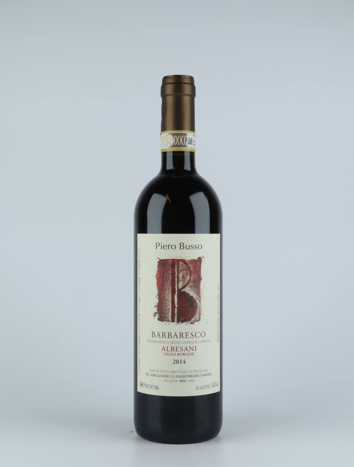 En flaske 2014 Barbaresco Albesani Vigna Borgese Rødvin fra Piero Busso, Piemonte i Italien