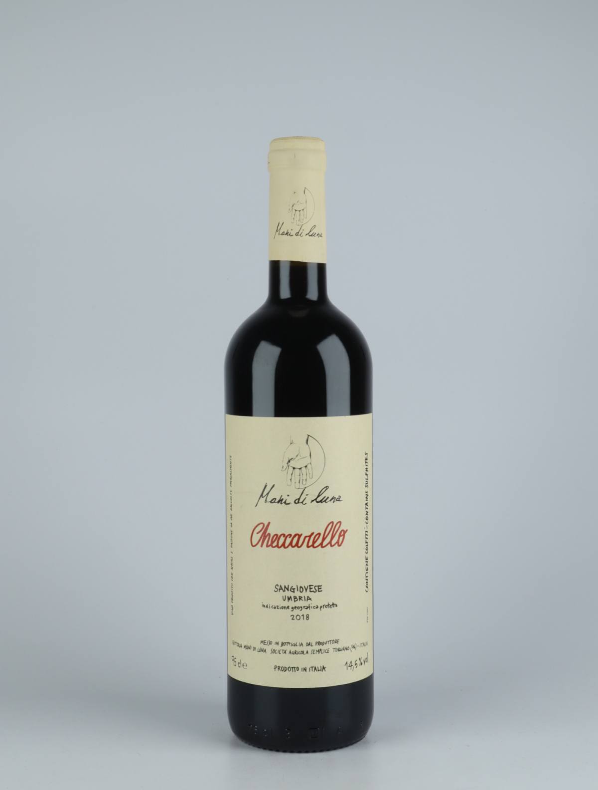 En flaske 2018 Checcarello Rødvin fra Mani di Luna, Umbrien i Italien