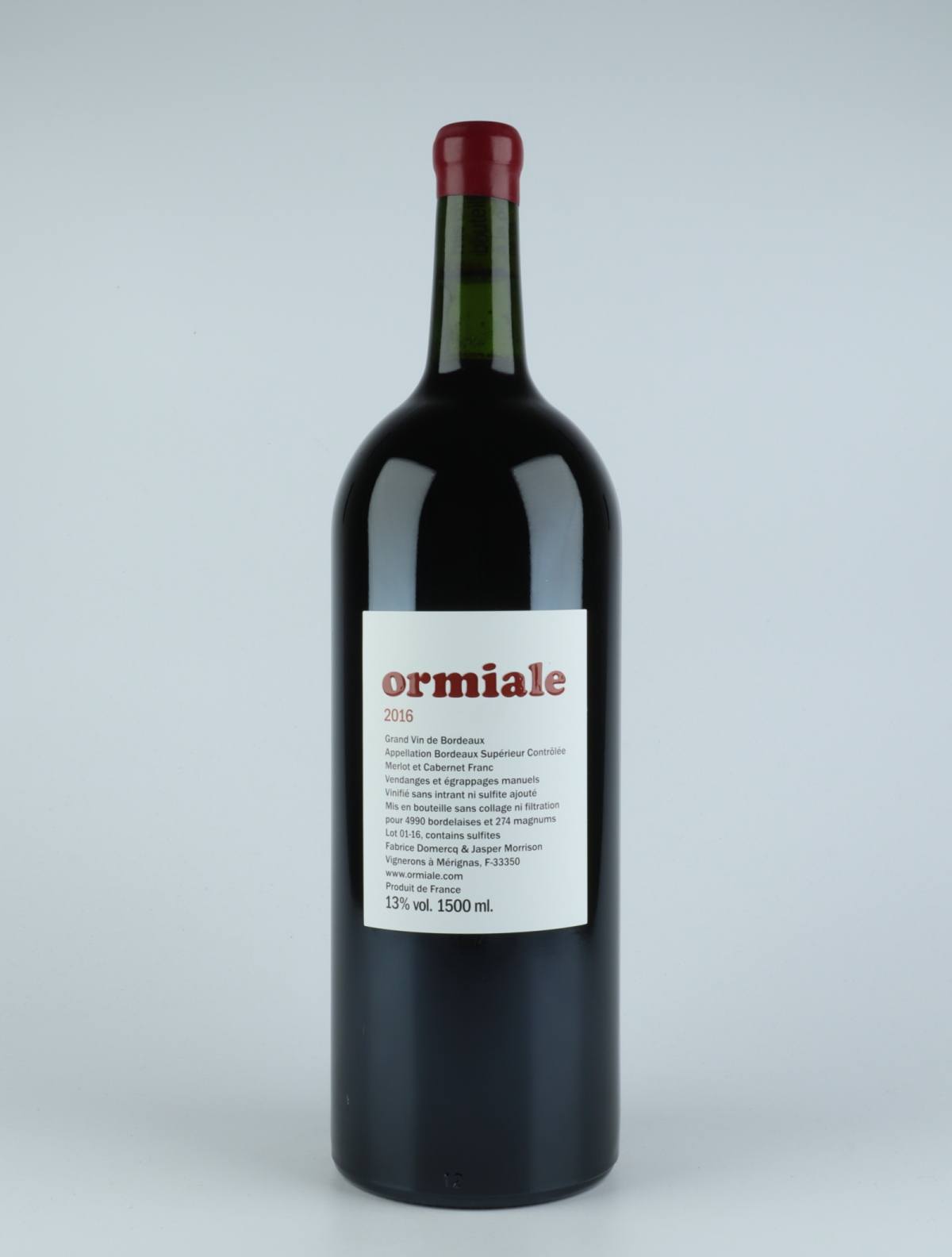 En flaske 2016 Ormiale Rødvin fra Ormiale, Bordeaux i Frankrig