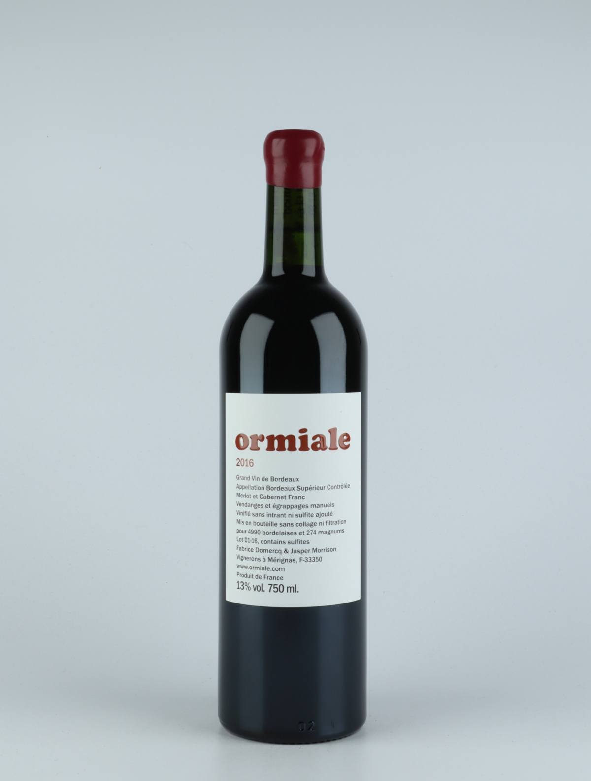 En flaske 2016 Ormiale Rødvin fra Ormiale, Bordeaux i Frankrig