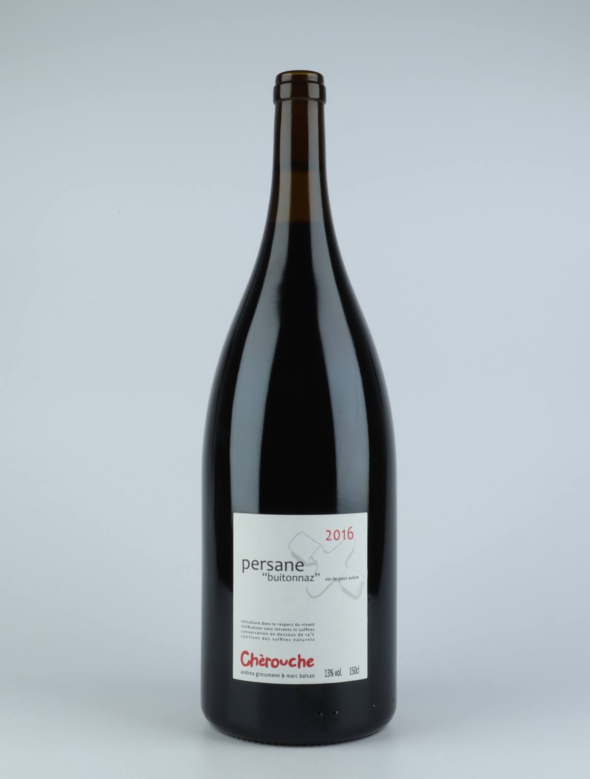 En flaske 2016 Persane Syrah Rødvin fra Chèrouche, Valais i Schweiz