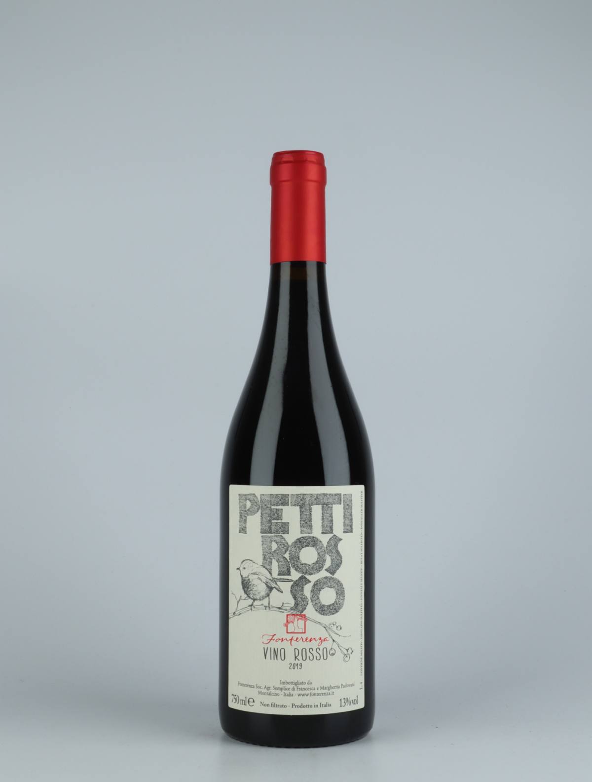 En flaske 2019 Pettirosso Rødvin fra Fonterenza, Toscana i Italien