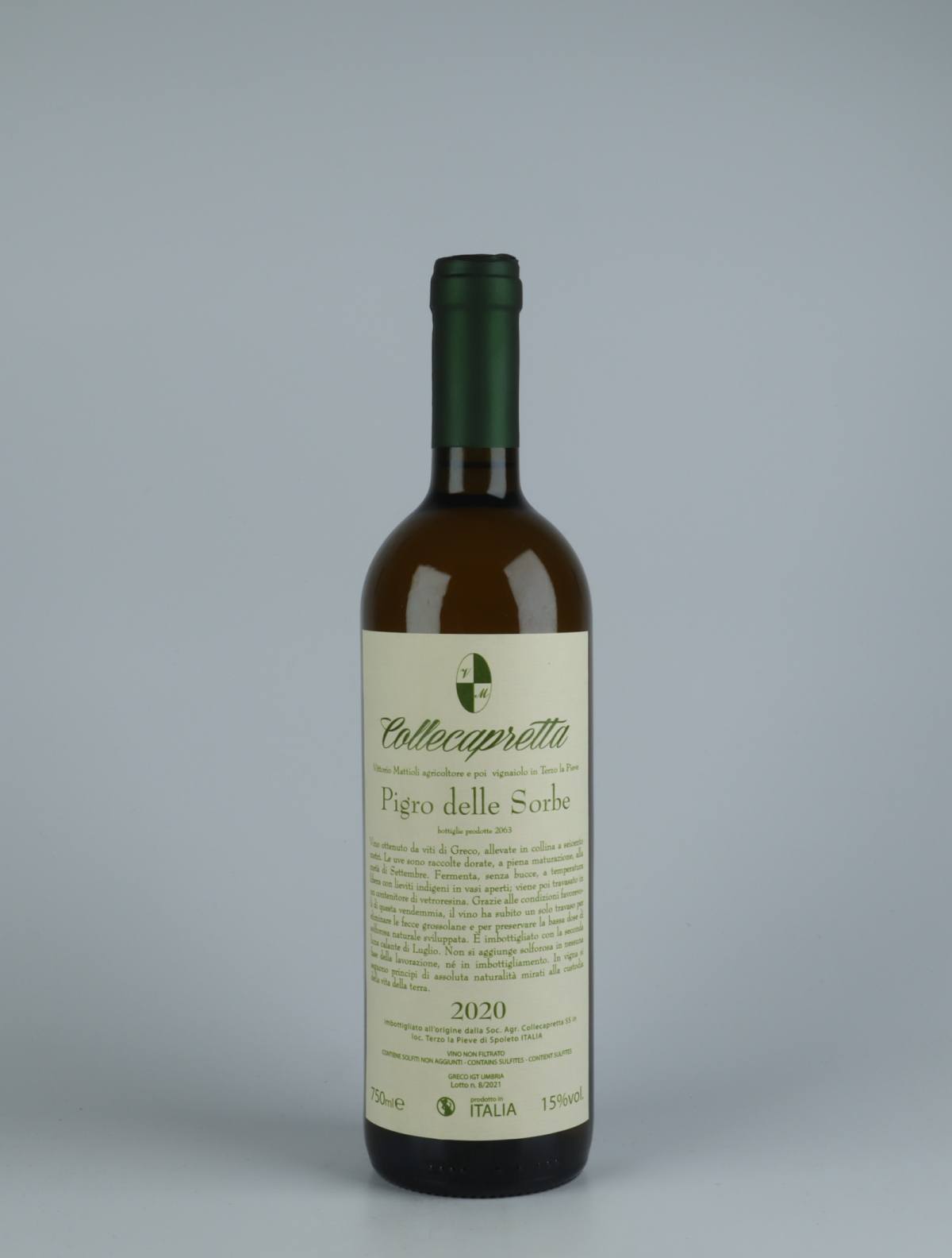 En flaske 2020 Pigro delle Sorbe Hvidvin fra Collecapretta, Umbrien i Italien